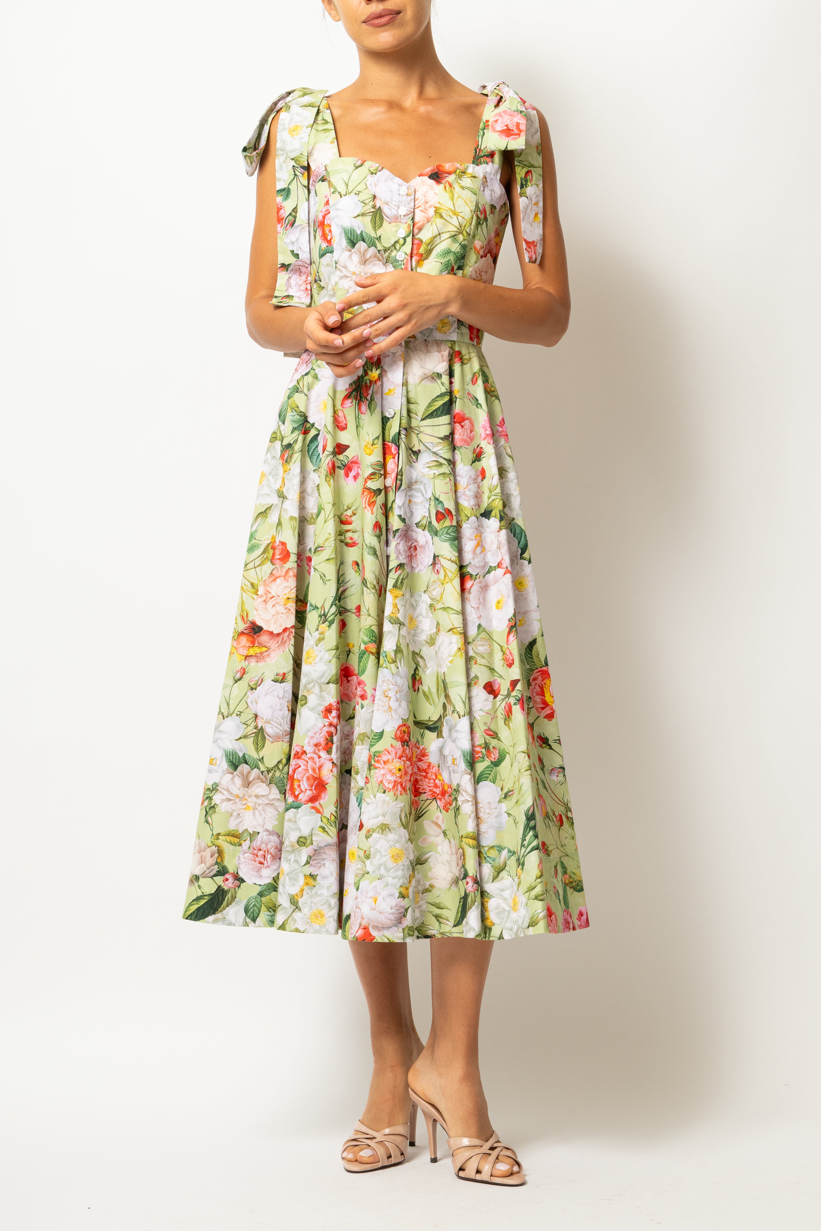 Rochie Midi, cu Bretele, din Bumbac cu Flori Pe Verde