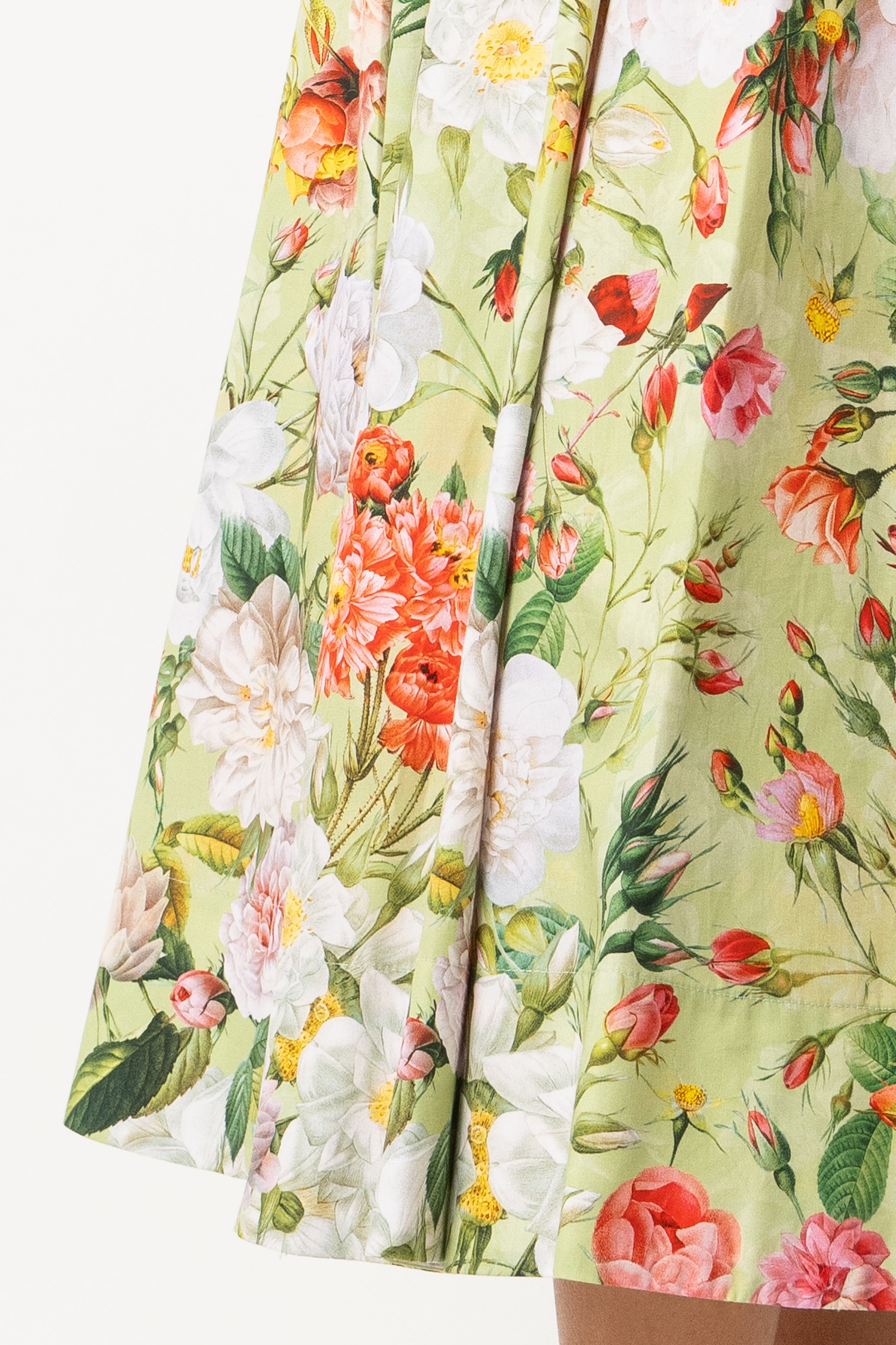 Rochie Midi, cu Bretele, din Bumbac cu Flori Pe Verde