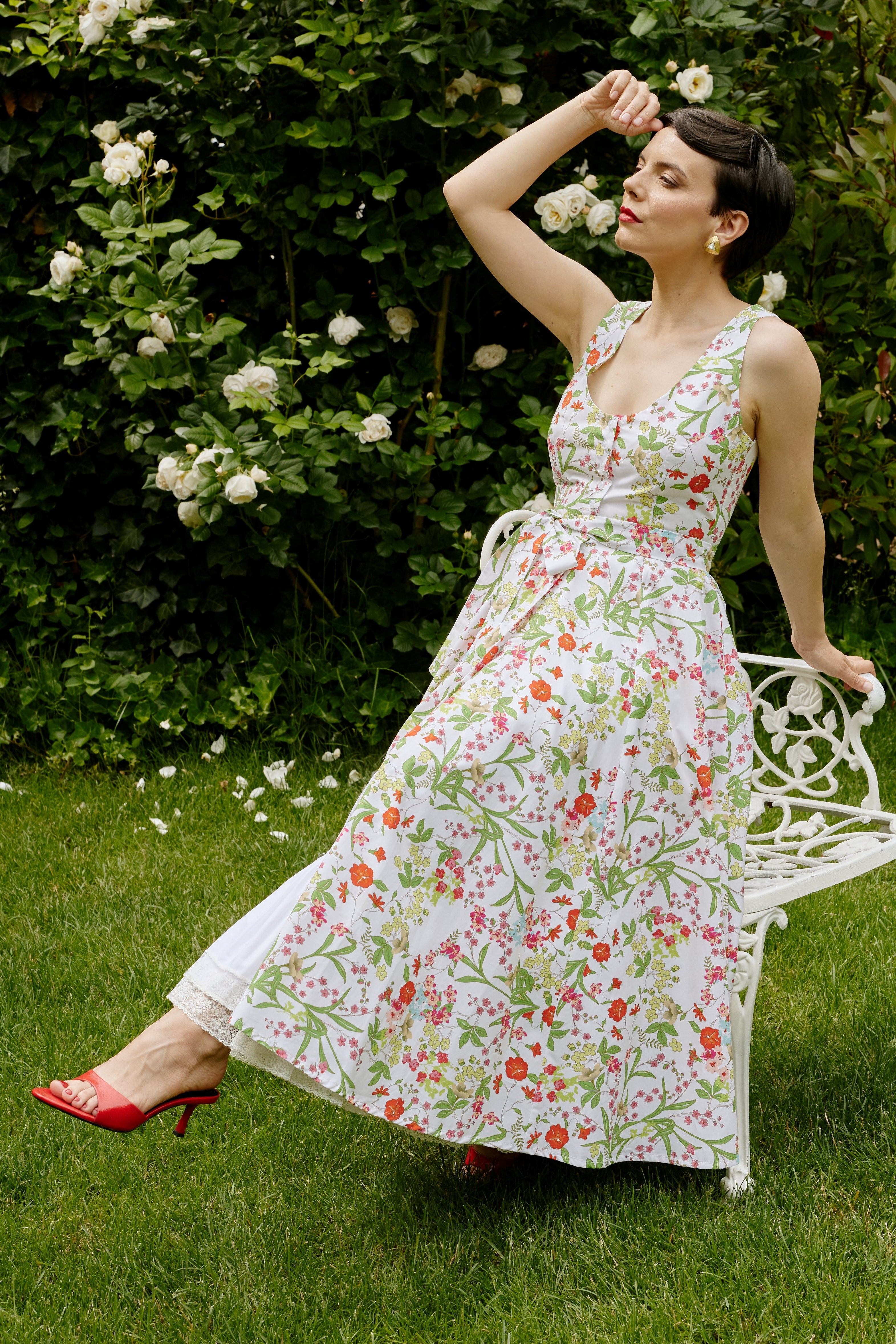 Rochie Midi cu Decolteu Rotund, din Bumbac cu Flori de Vara