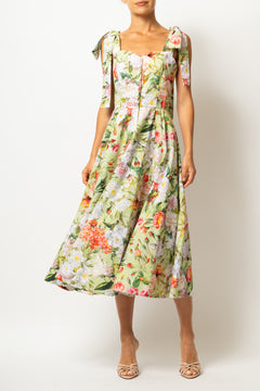 Rochie Midi, cu Bretele, din Bumbac cu Flori Pe Verde