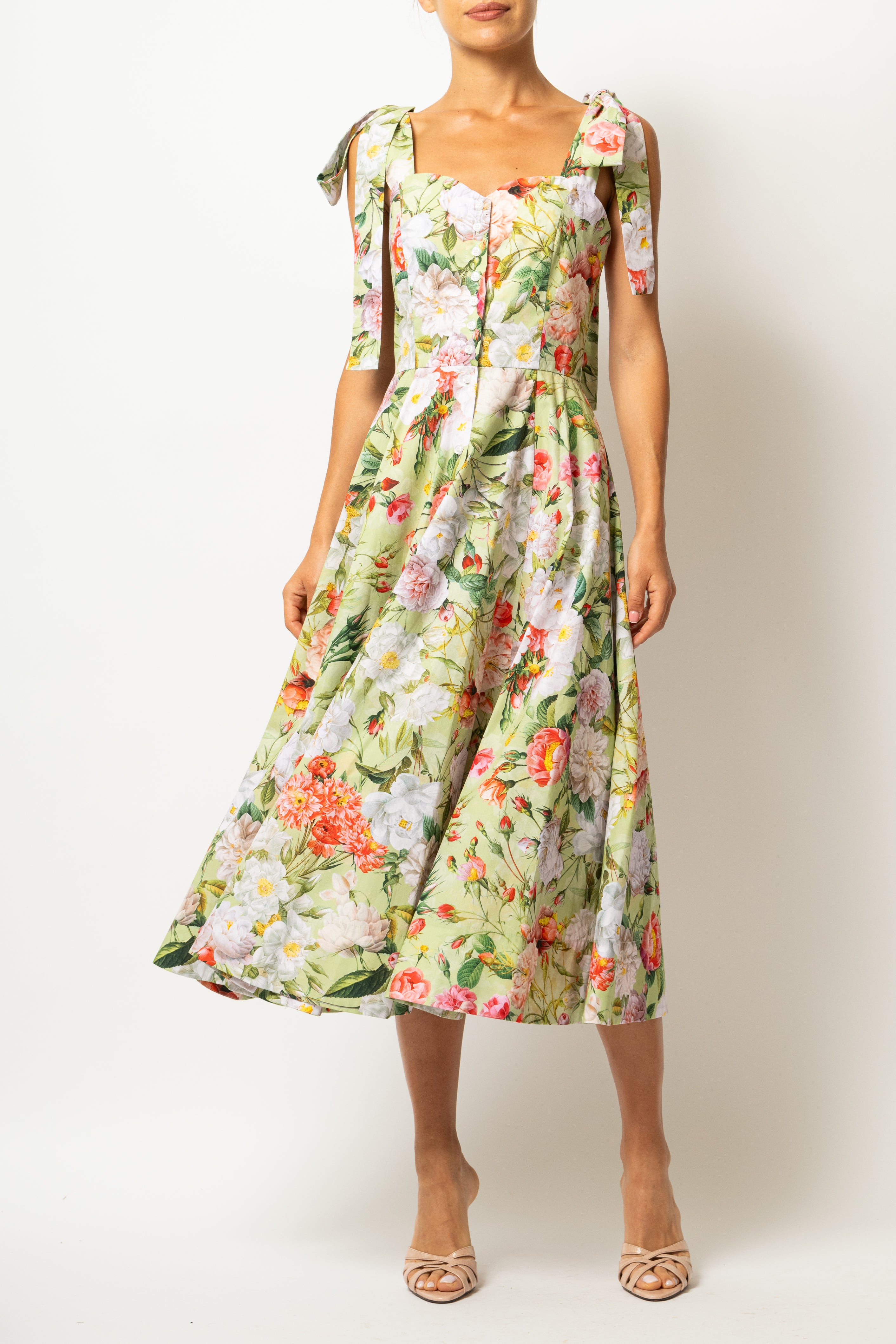Rochie Midi, cu Bretele, din Bumbac cu Flori Pe Verde