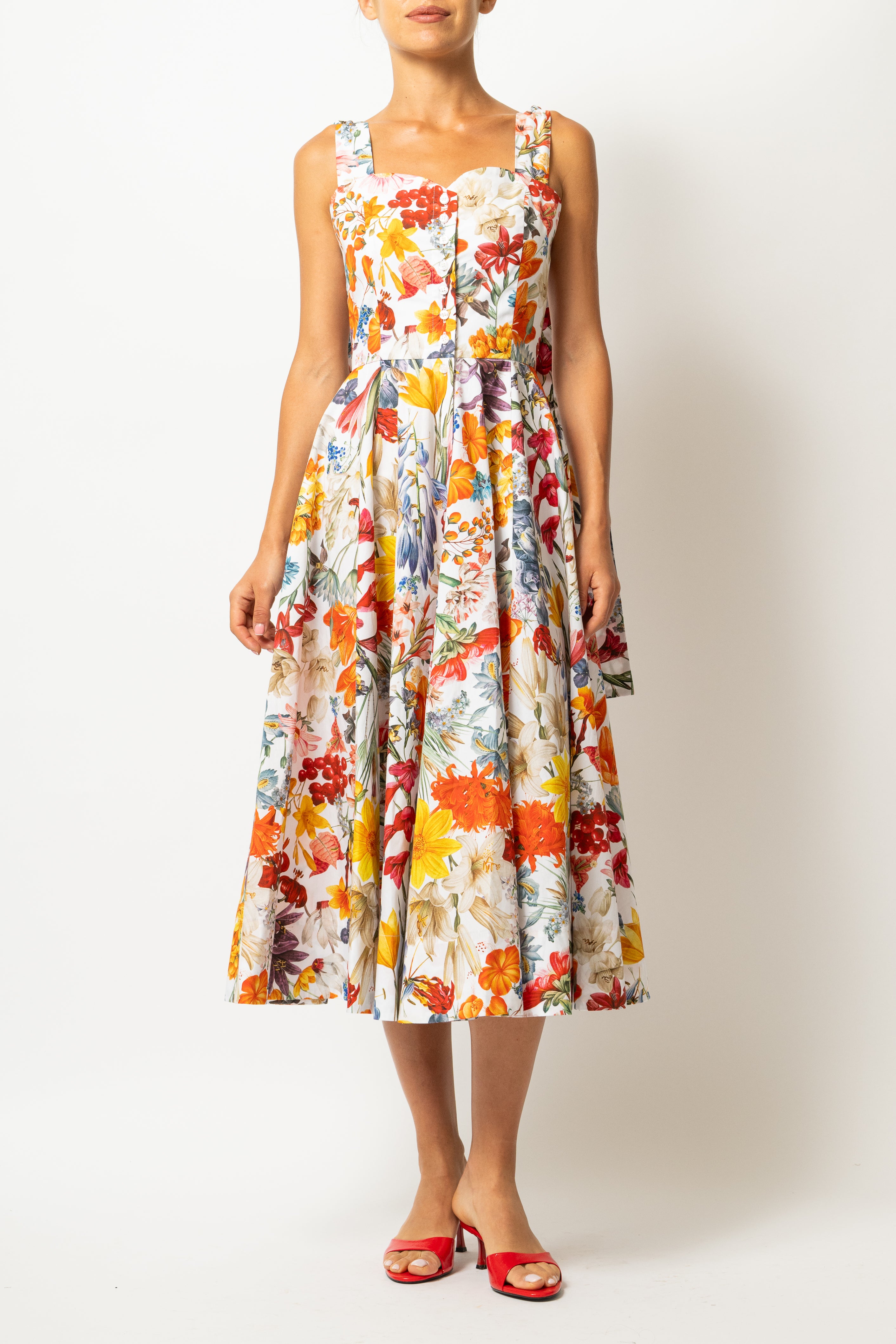 Rochie Midi, cu Bretele, din Bumbac cu Flori Pe Alb