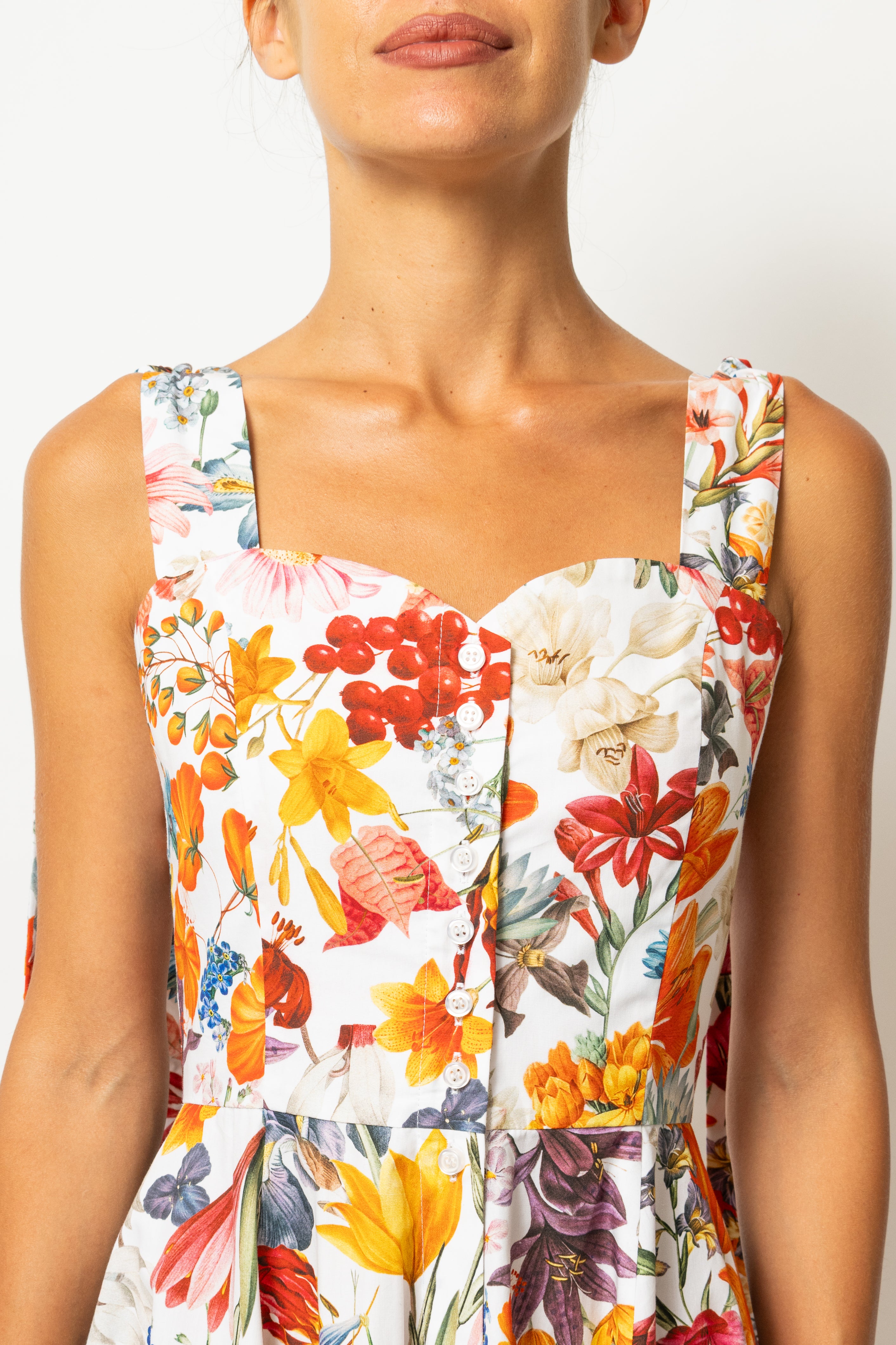 Rochie Midi, cu Bretele, din Bumbac cu Flori Pe Alb