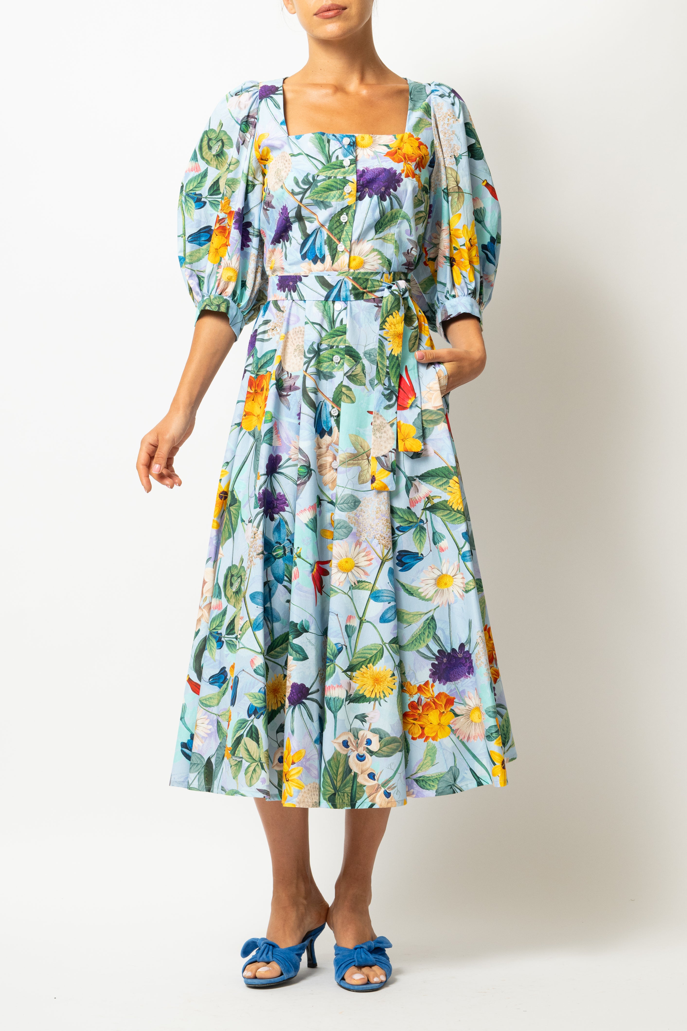 Rochie Midi, cu Decolteu Patrat, din Bumbac cu Flori Pe Bleu