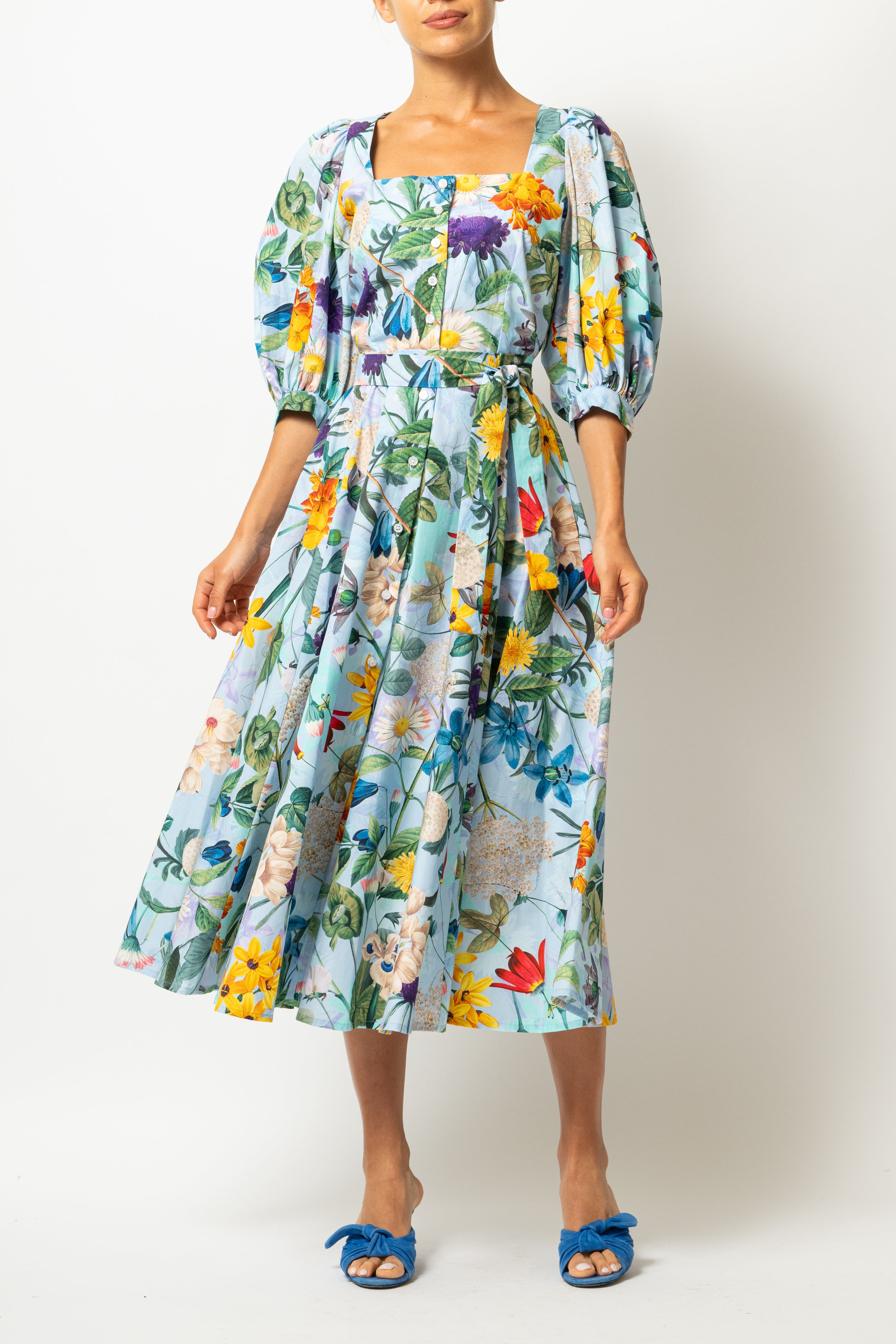 Rochie Midi, cu Decolteu Patrat, din Bumbac cu Flori Pe Bleu