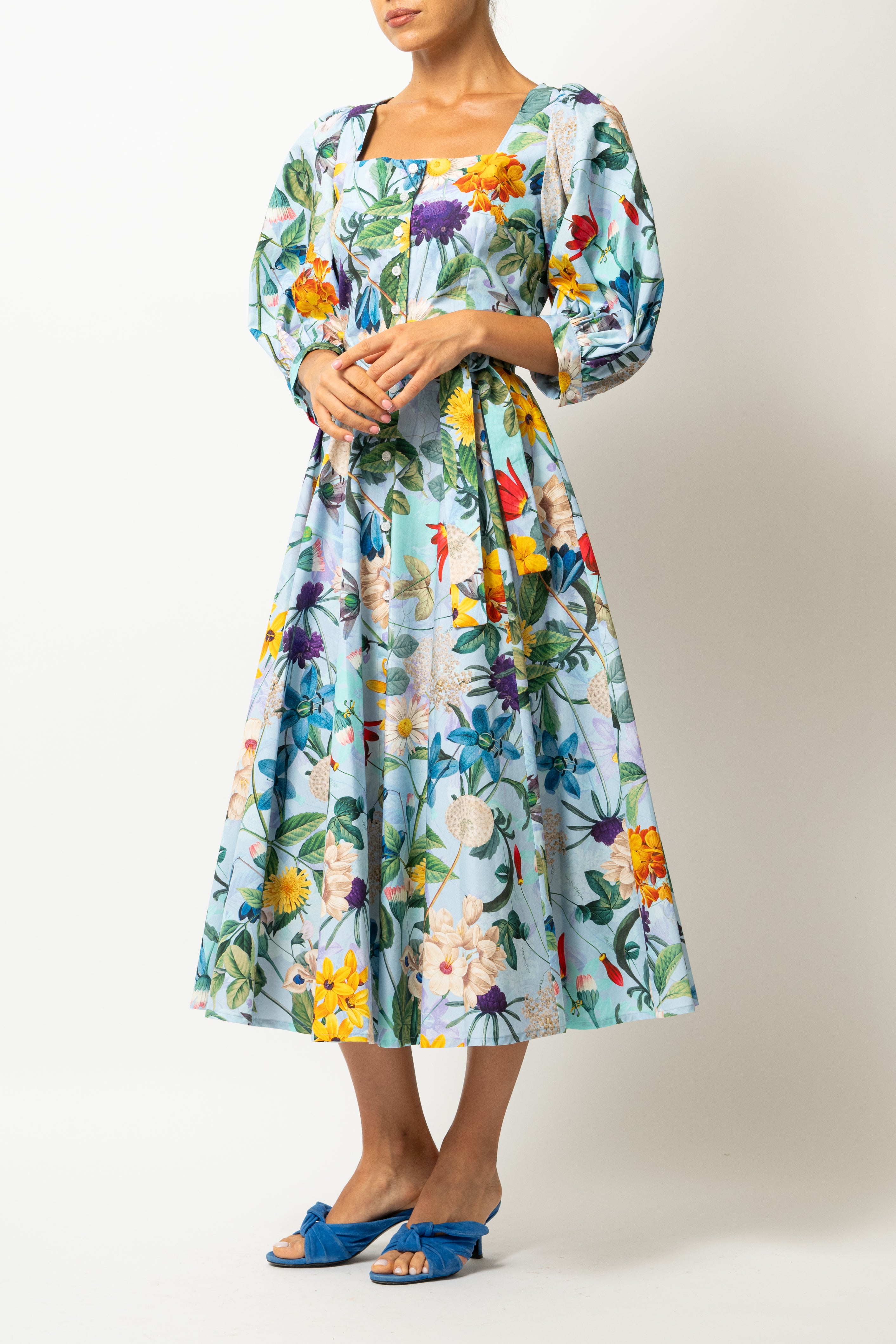 Rochie Midi, cu Decolteu Patrat, din Bumbac cu Flori Pe Bleu