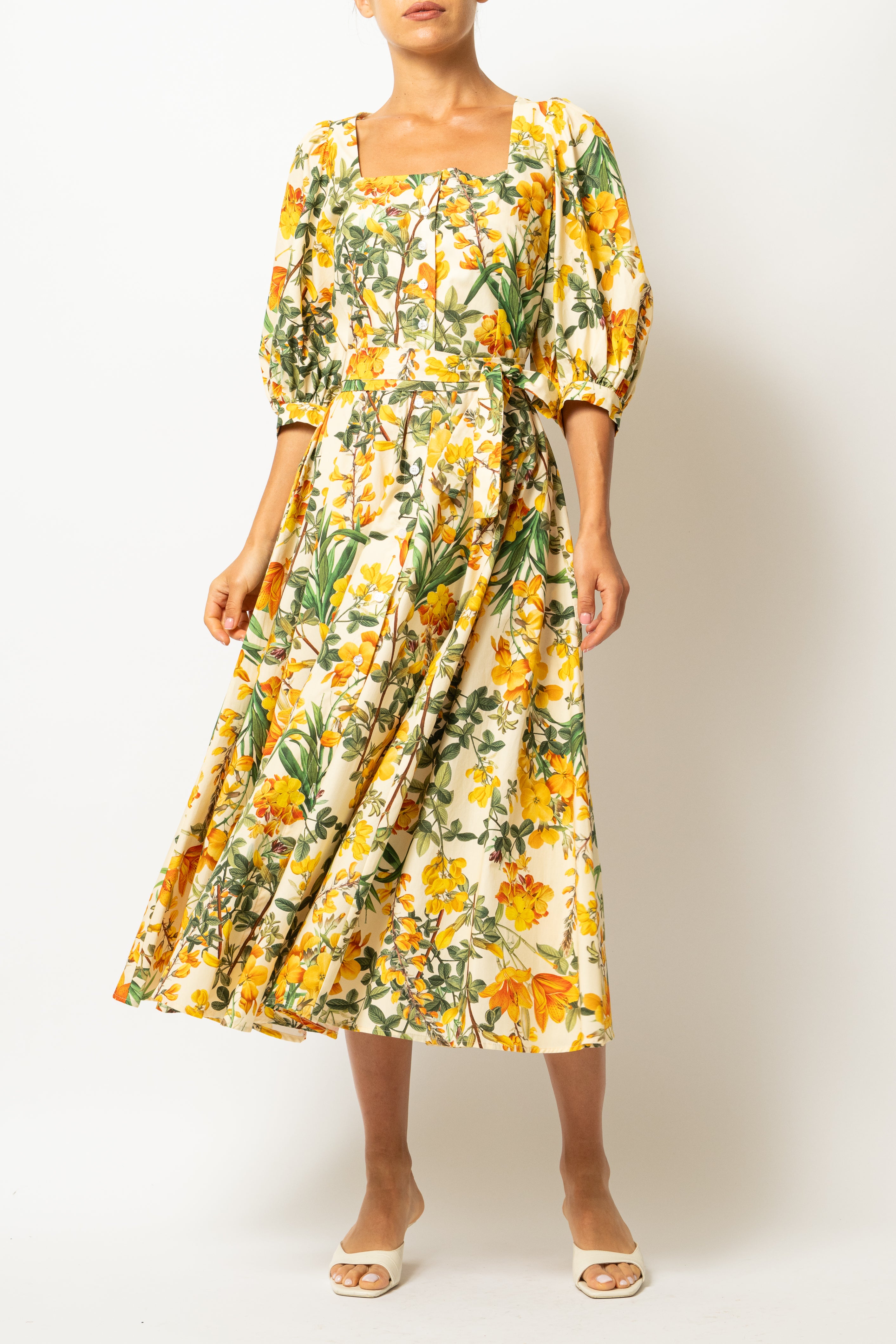 Rochie Midi, cu Decolteu Patrat, din Bumbac cu Flori Galbene