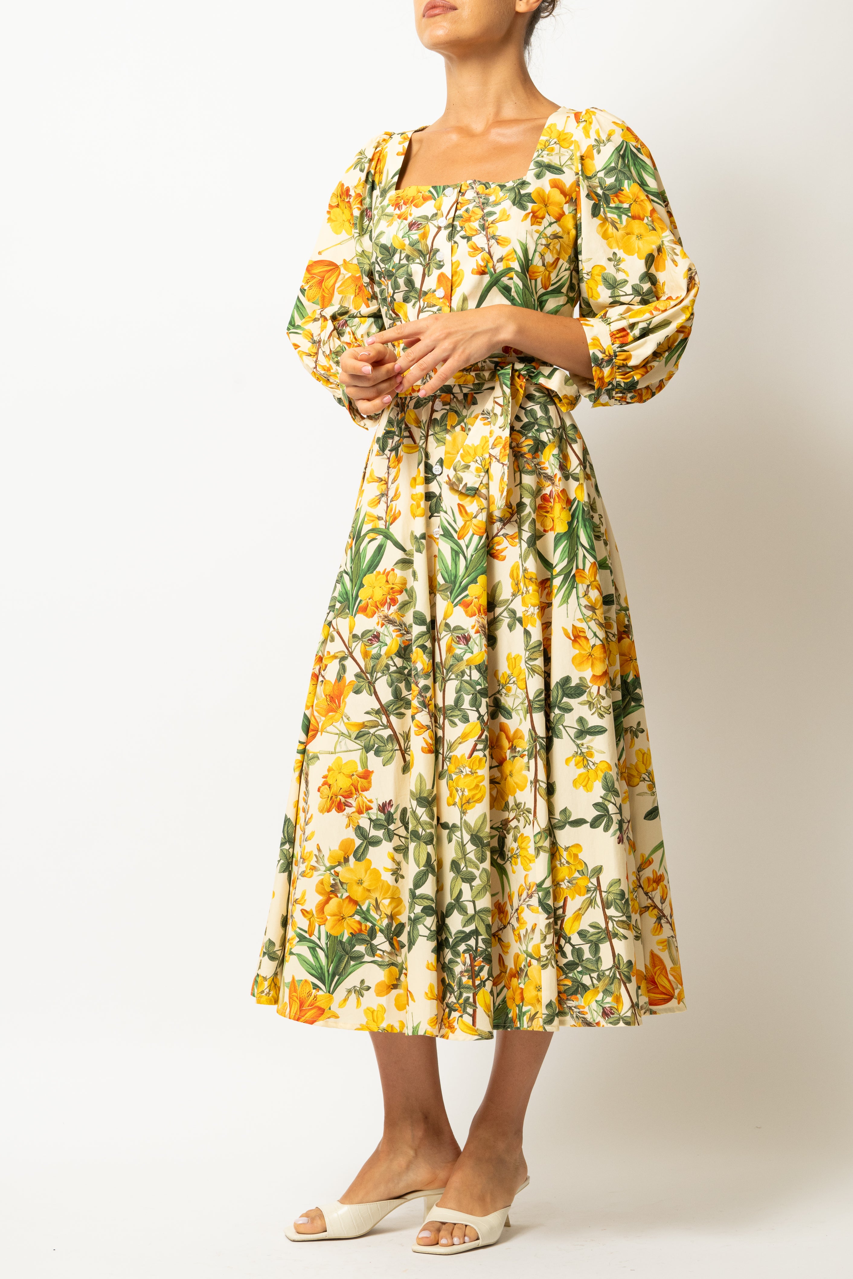 Rochie Midi, cu Decolteu Patrat, din Bumbac cu Flori Galbene