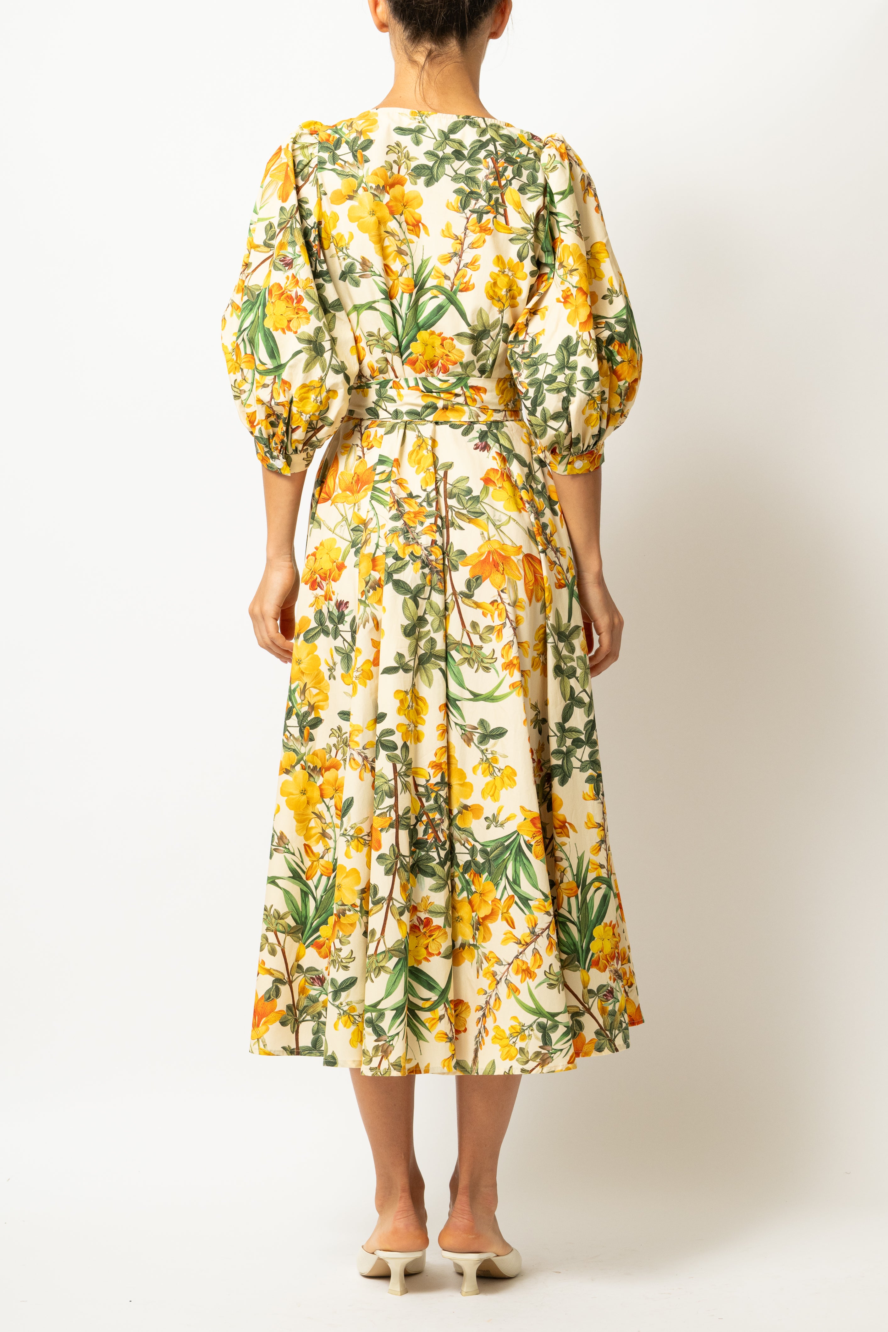 Rochie Midi, cu Decolteu Patrat, din Bumbac cu Flori Galbene
