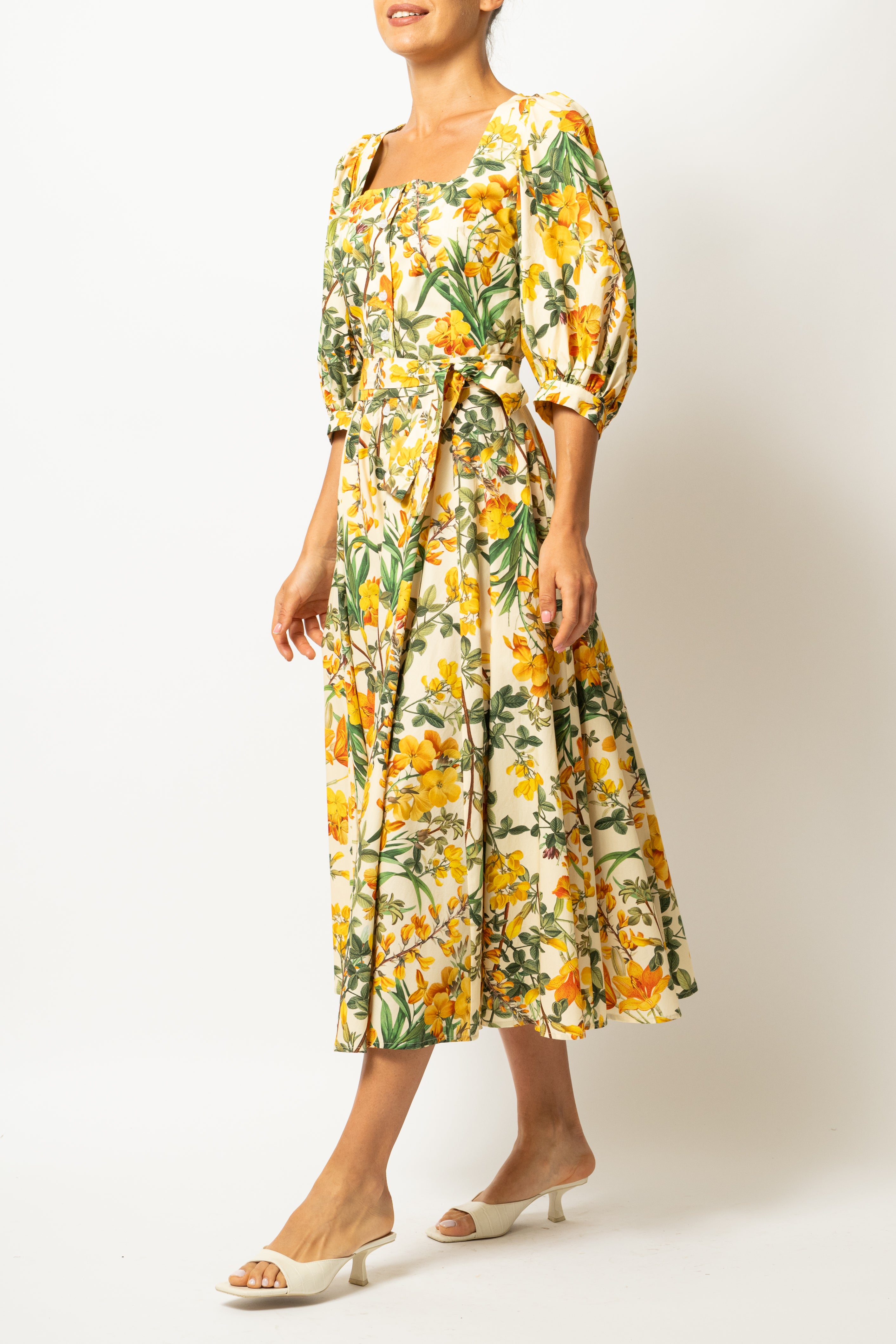 Rochie Midi, cu Decolteu Patrat, din Bumbac cu Flori Galbene