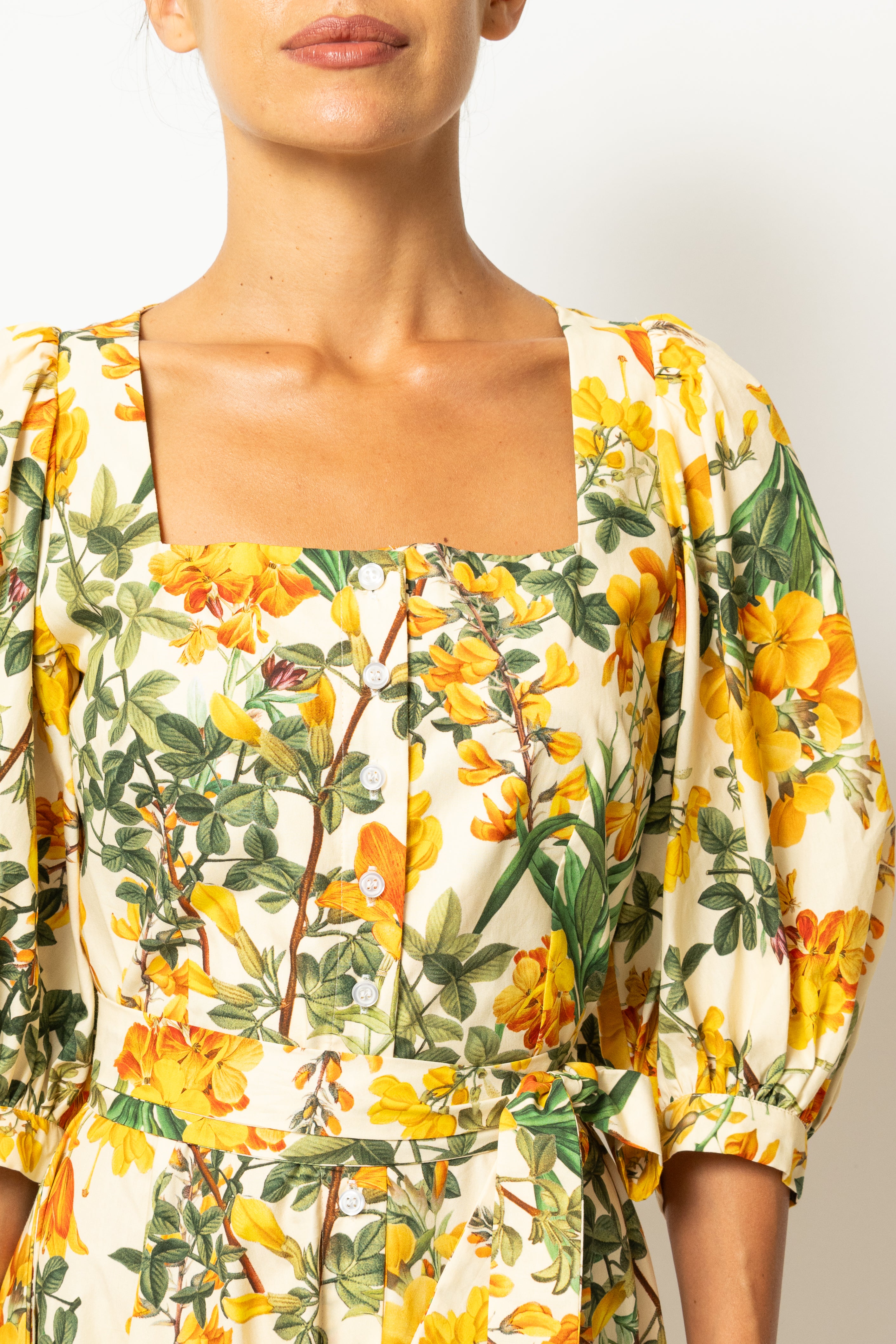 Rochie Midi, cu Decolteu Patrat, din Bumbac cu Flori Galbene