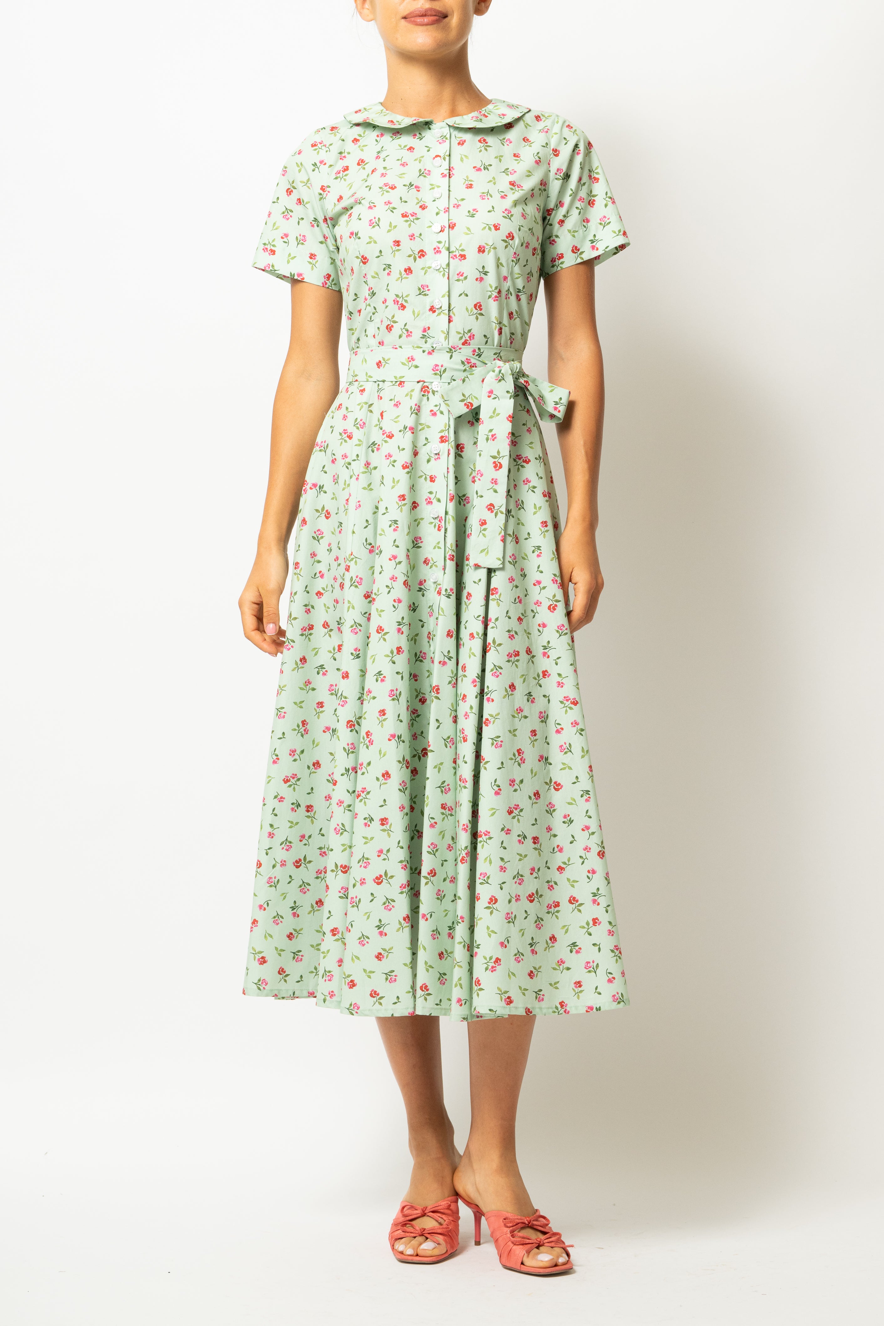 Floral and Striped Midi Shirt Dress, Blue