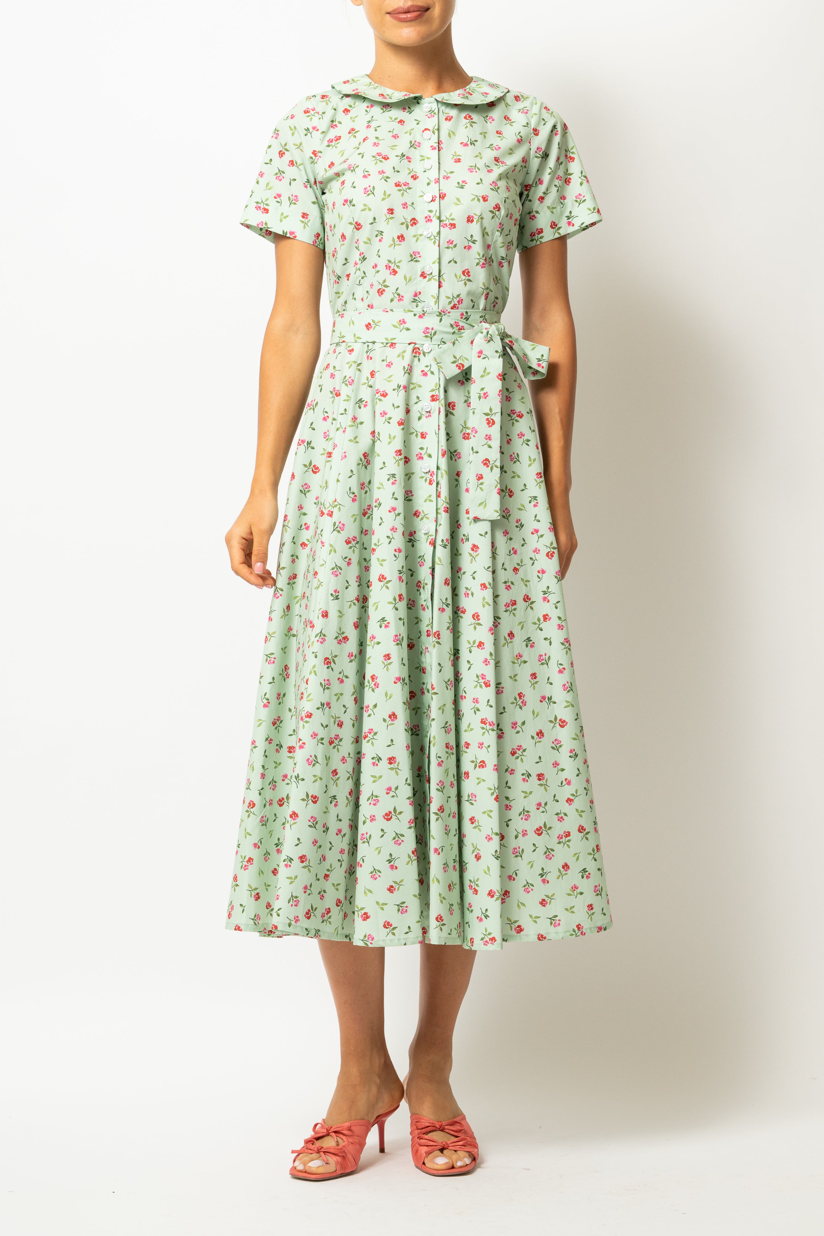 Floral and Striped Midi Shirt Dress, Blue