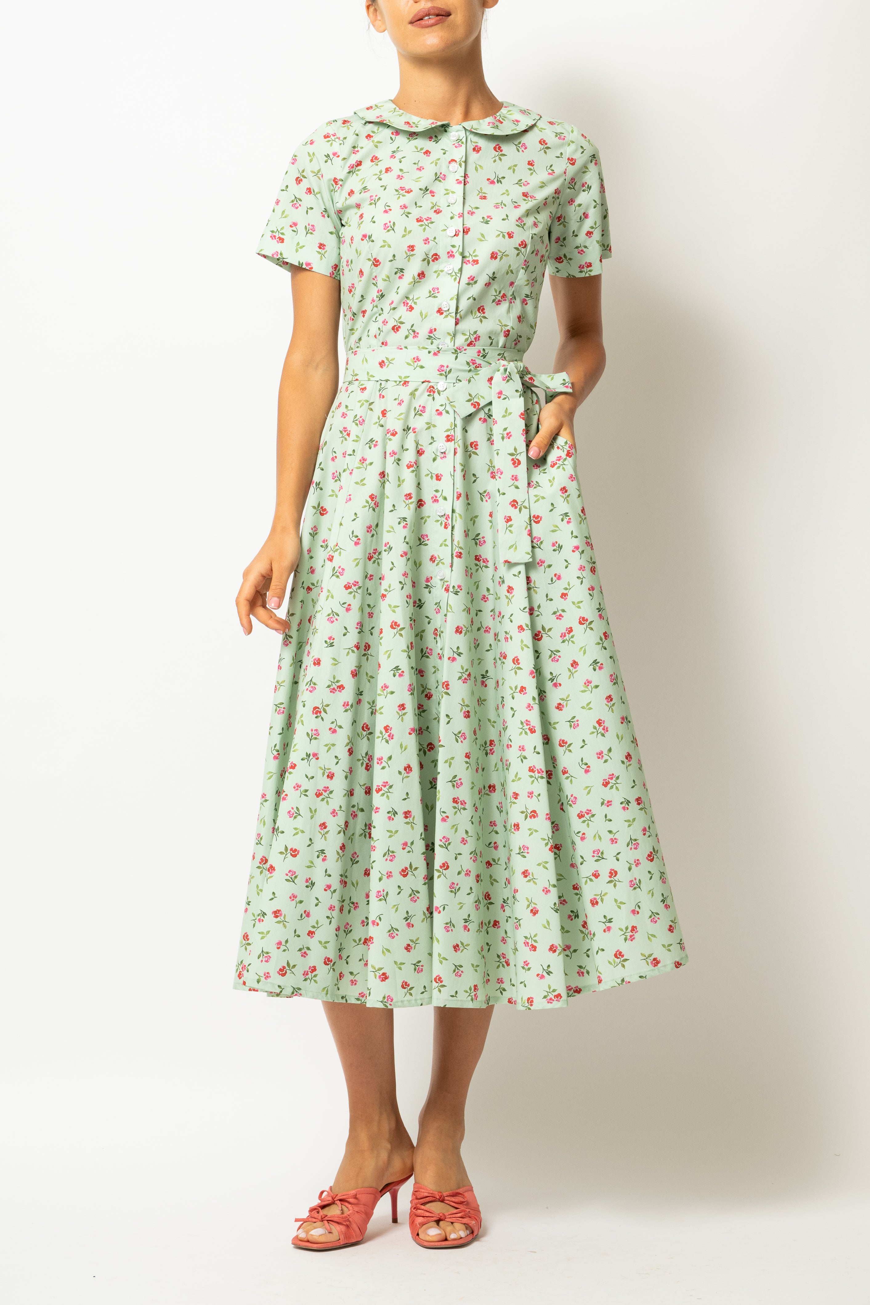 Floral and Striped Midi Shirt Dress, Blue