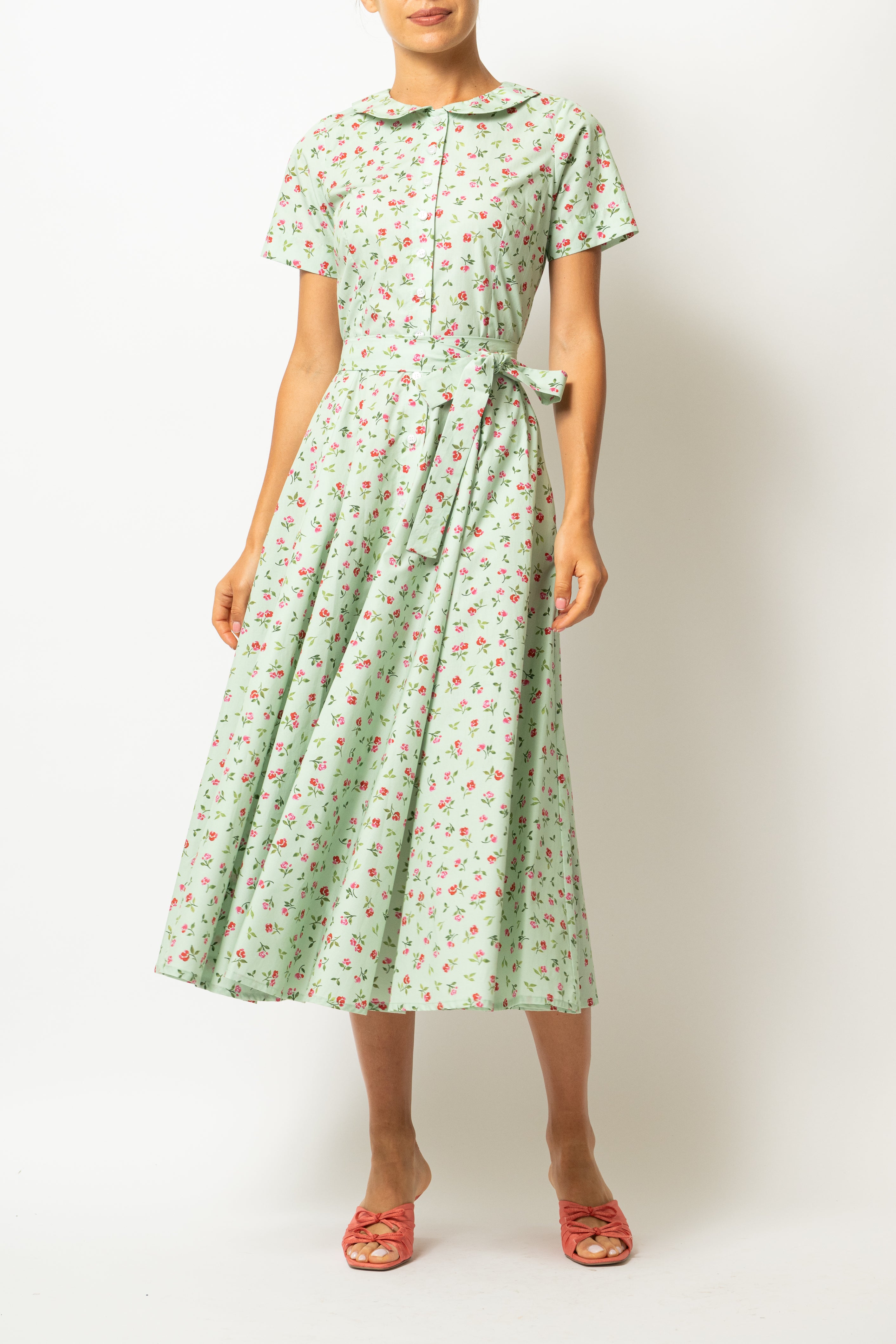 Floral and Striped Midi Shirt Dress, Blue