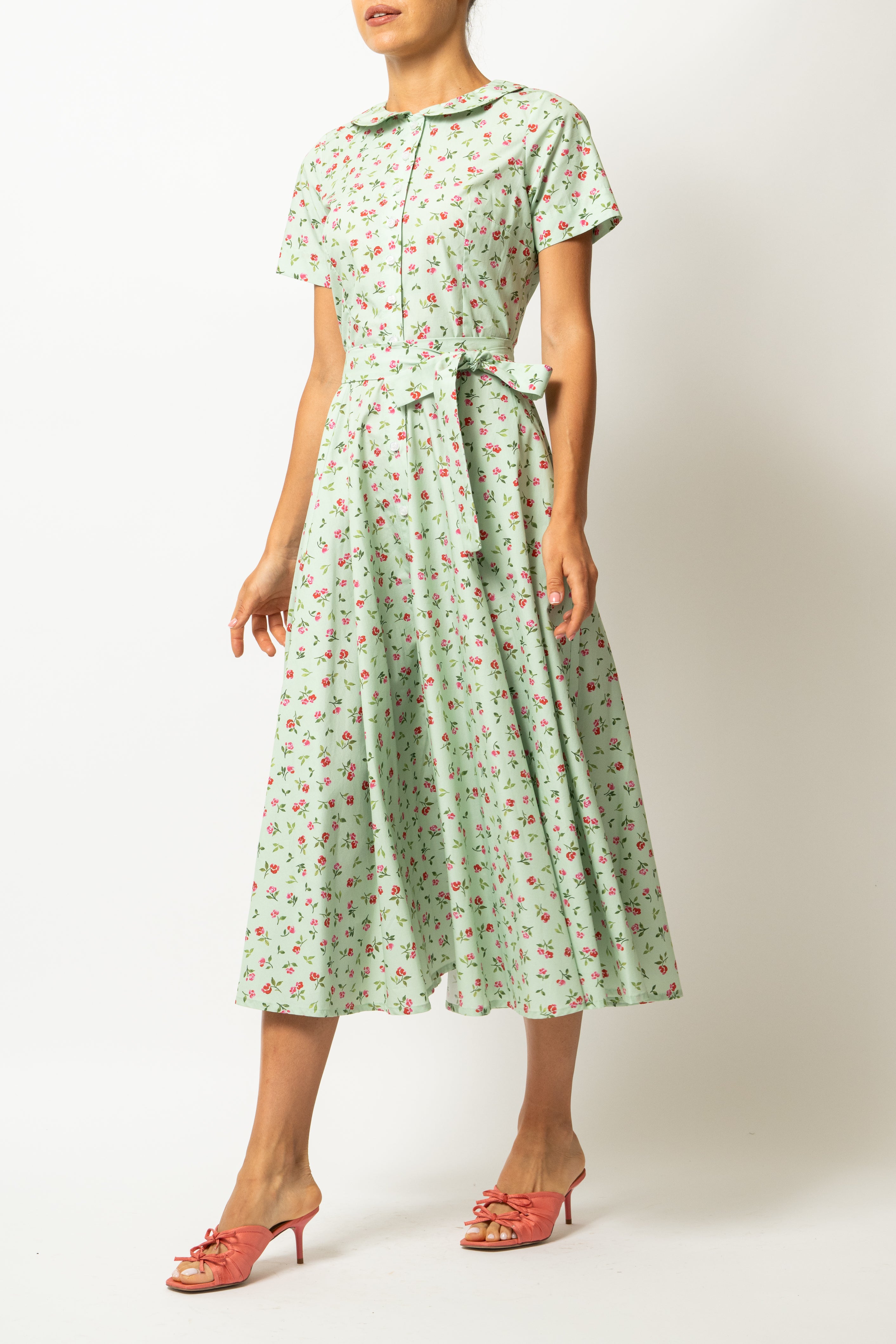 Floral and Striped Midi Shirt Dress, Blue