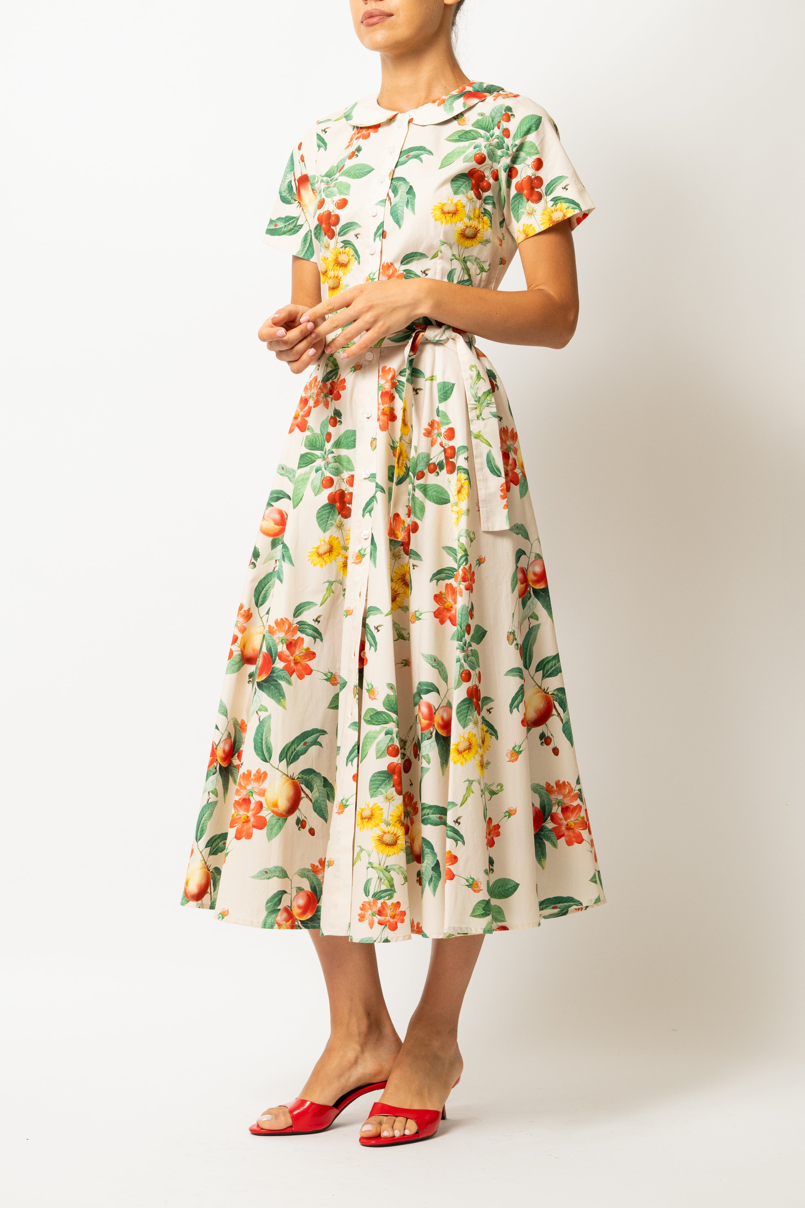Rochie Camasa Midi cu Imprimeu cu Flori si Fructe