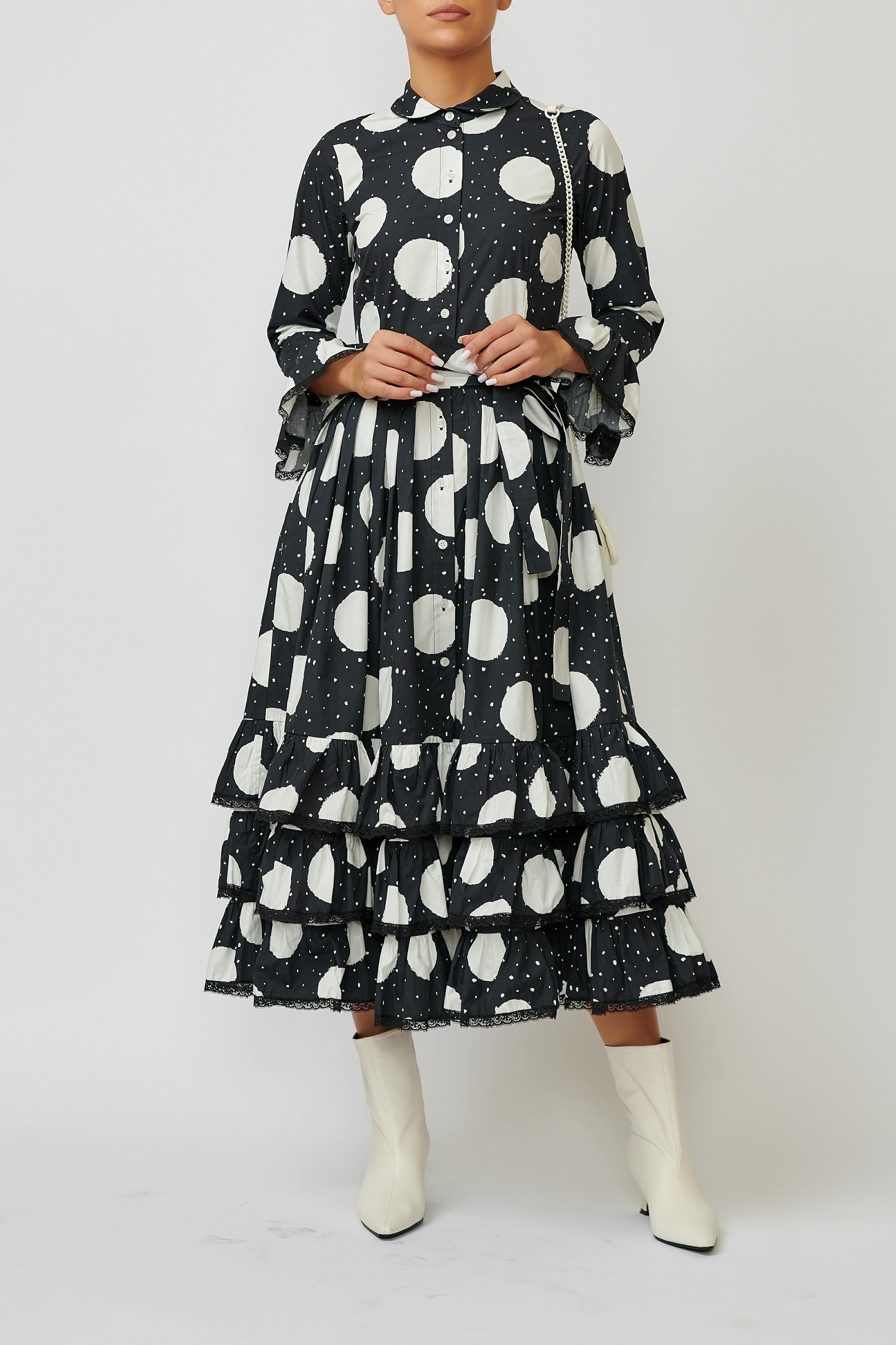 Rochie Camasa Midi cu Volane din Bumbac, Neagra