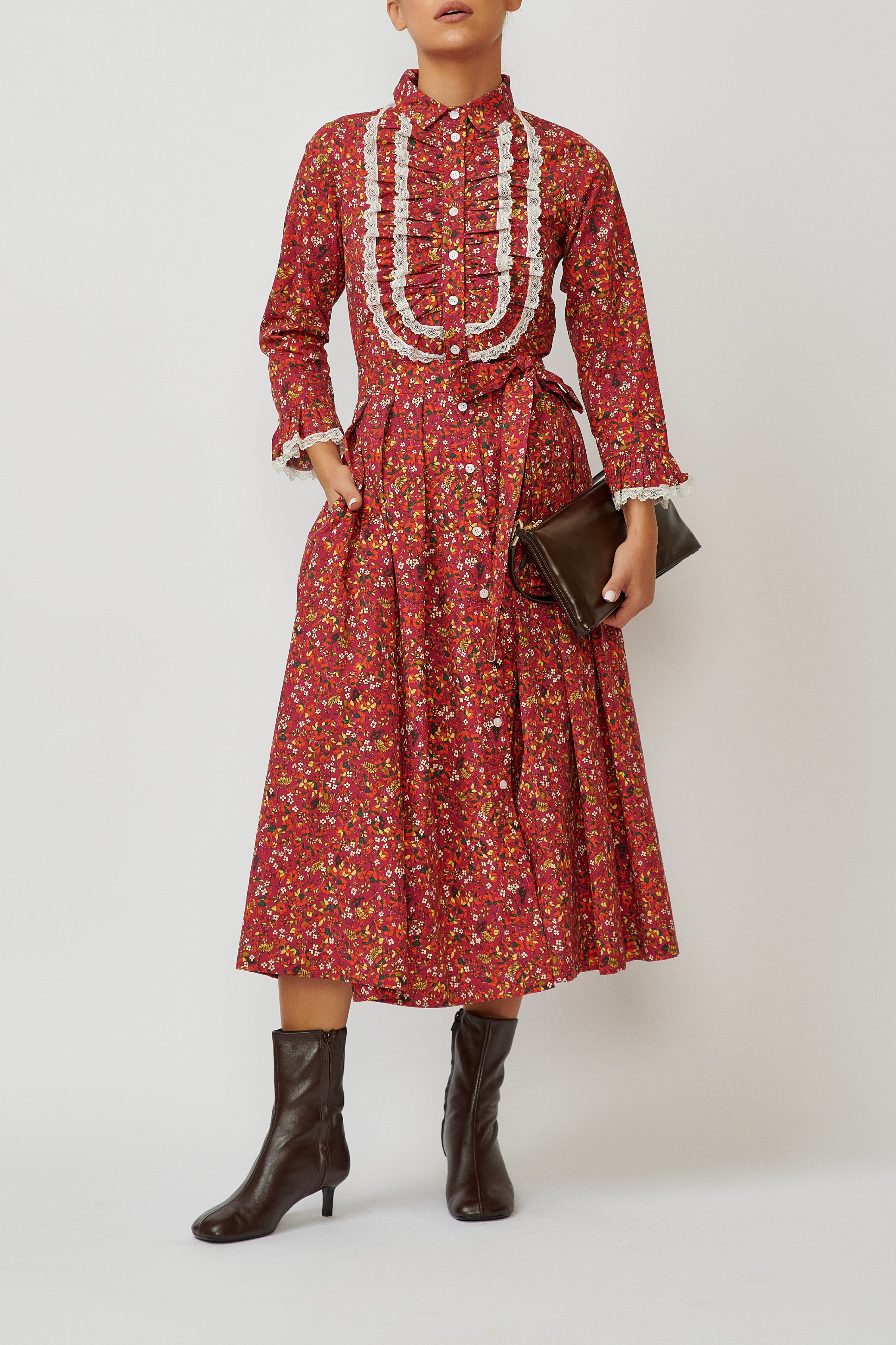 Rochie Camasa Midi cu Imprimeu Floral din Bumbac, Grena