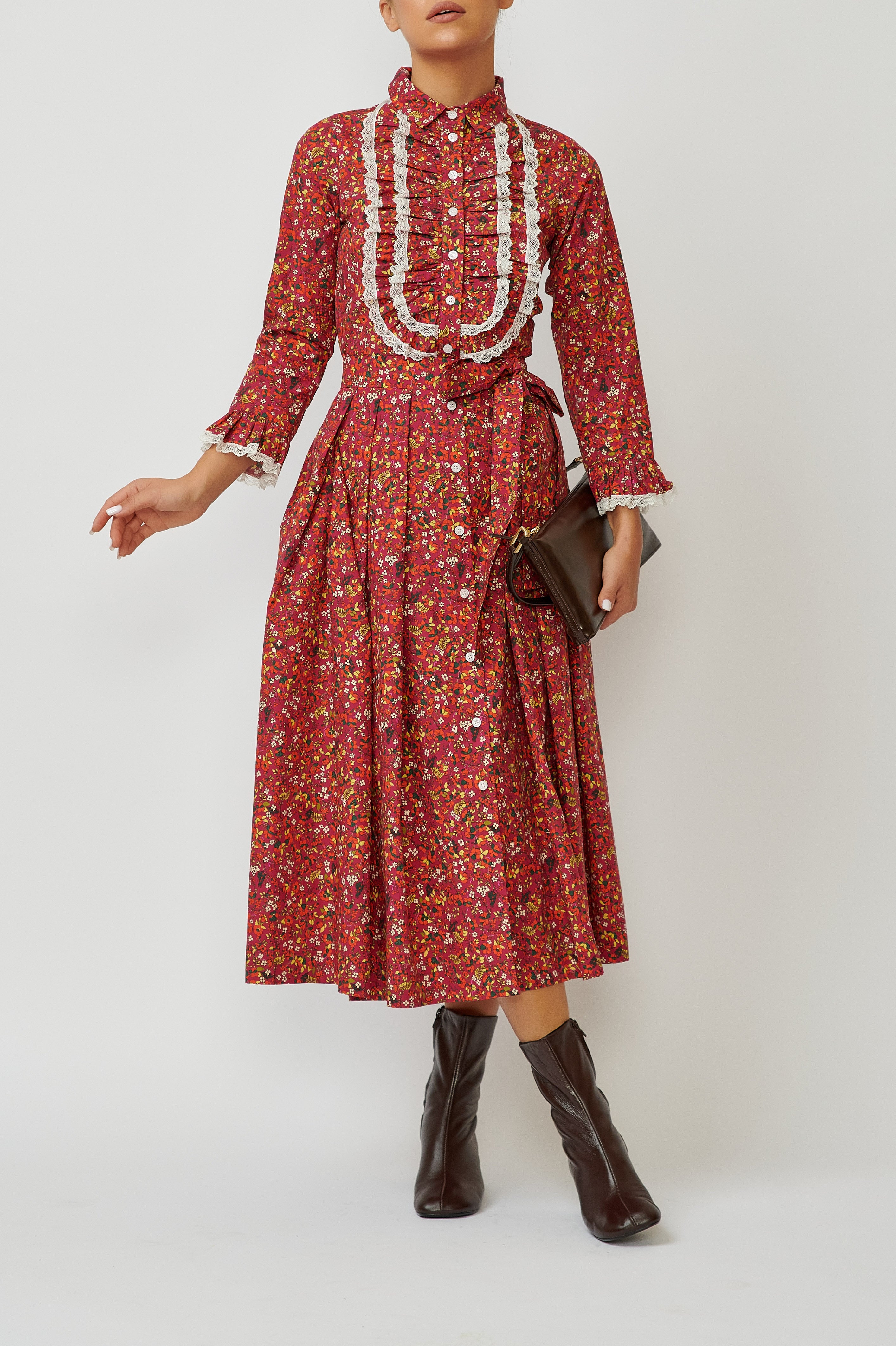 Rochie Camasa Midi cu Imprimeu Floral din Bumbac, Grena