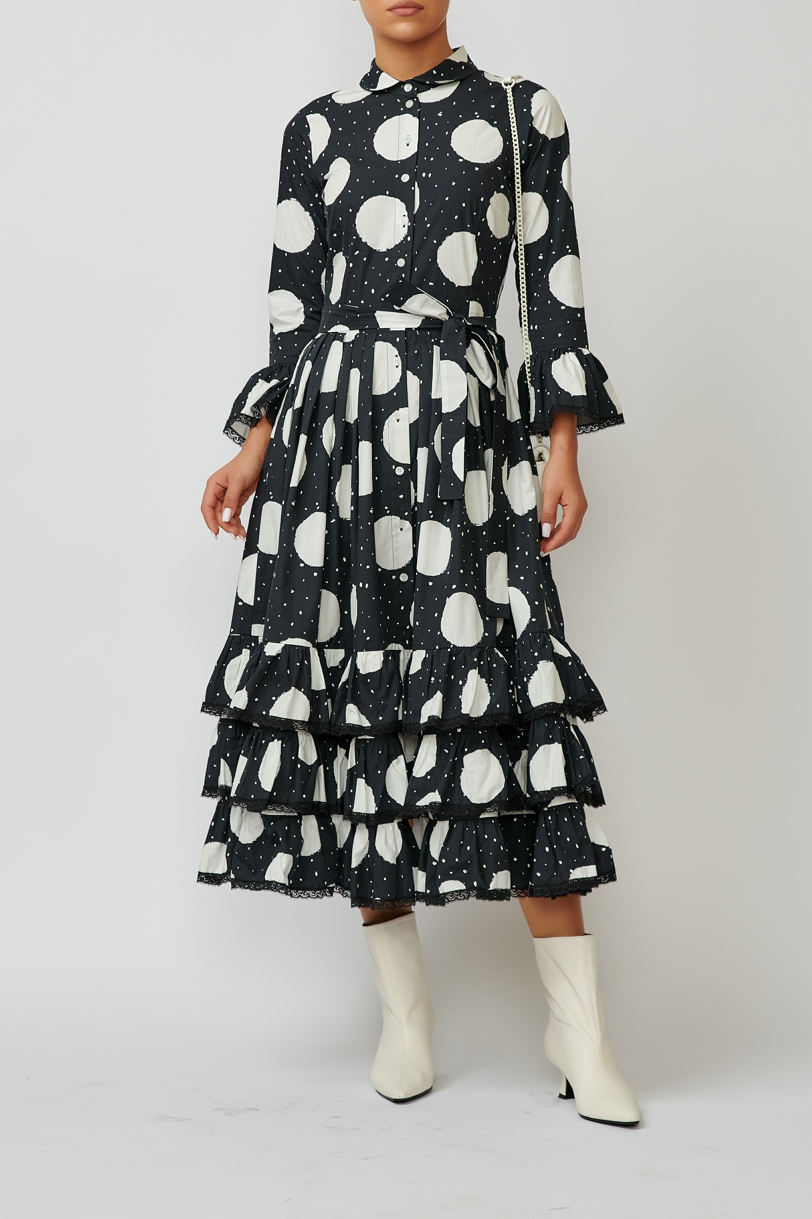 Rochie Camasa Midi cu Volane din Bumbac, Neagra