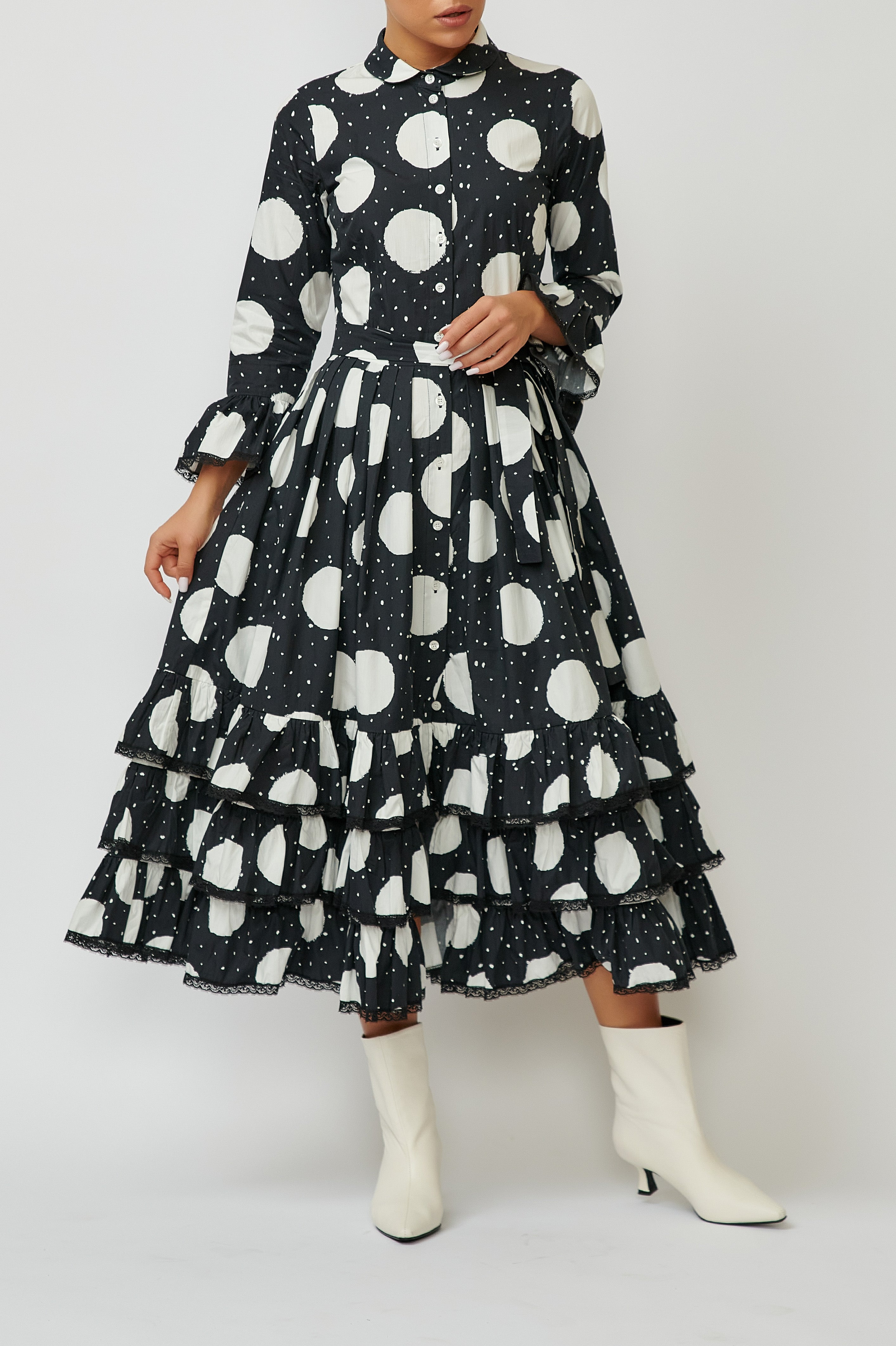 Rochie Camasa Midi cu Volane din Bumbac, Neagra