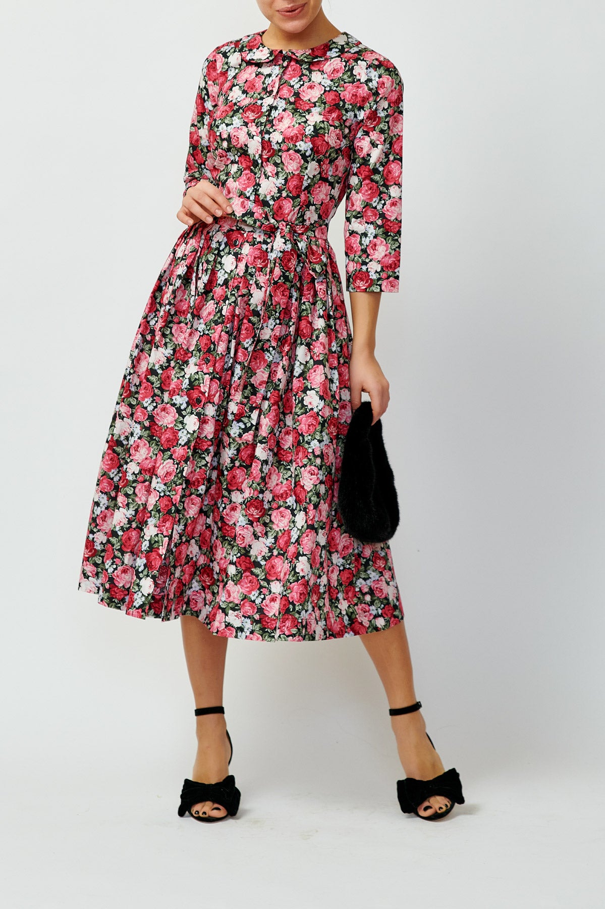 Rochie Camsa Midi cu Imprimeu Floral din Bumbac, Neagra