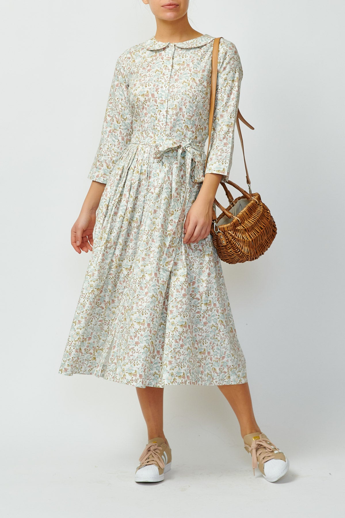 Shirt dress with pastel flowers on white