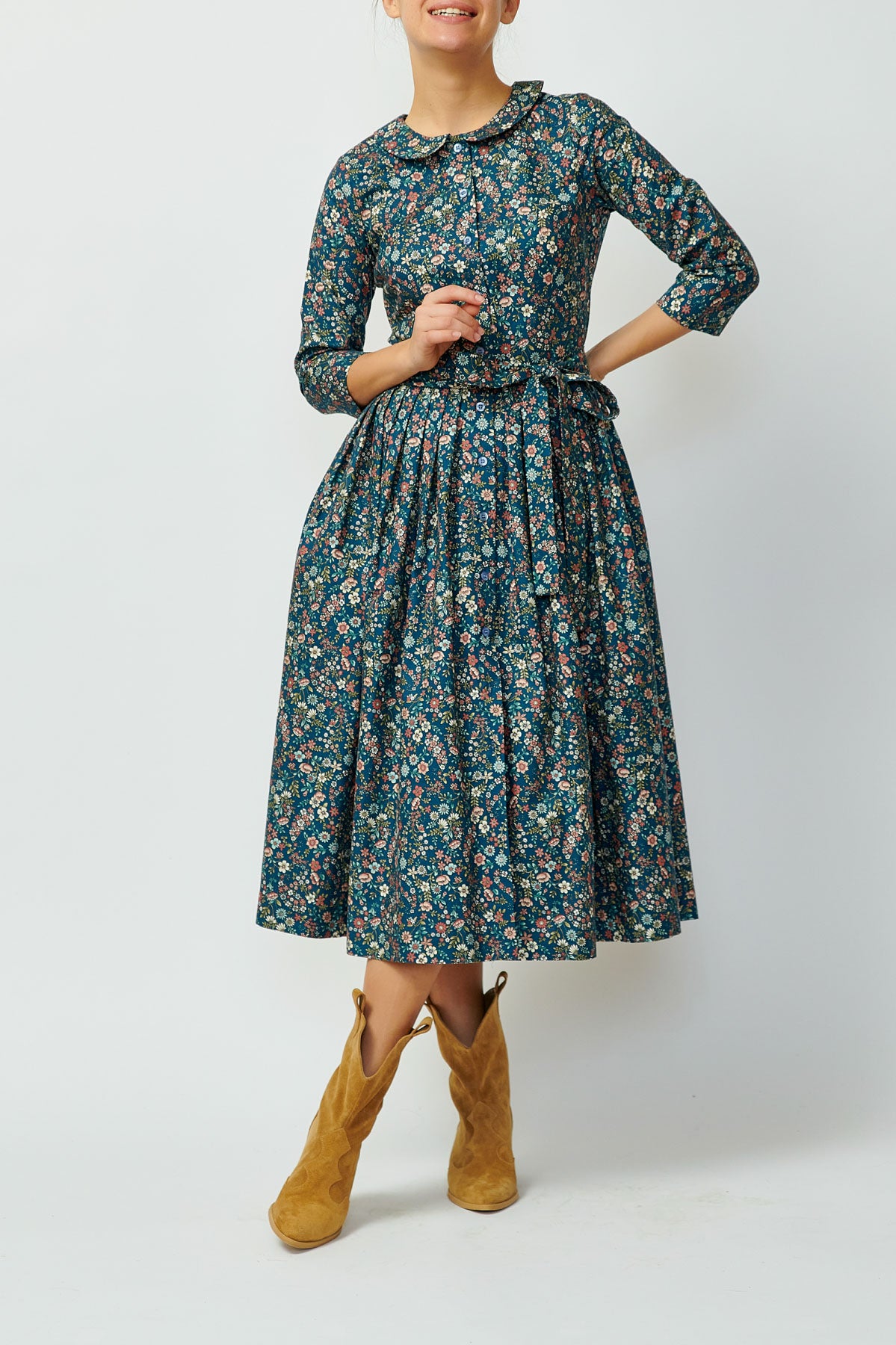 Navy blue shirt dress with small flowers