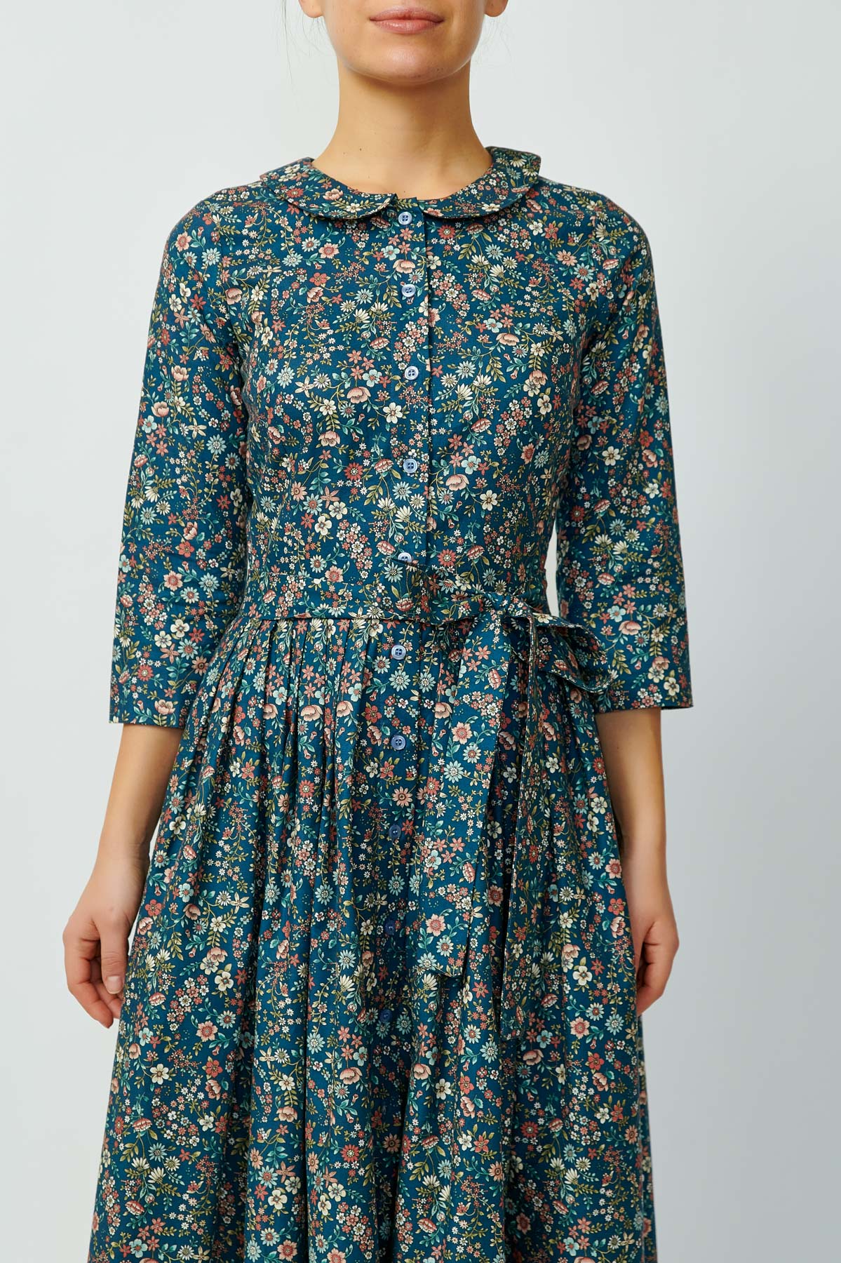 Navy blue shirt dress with small flowers