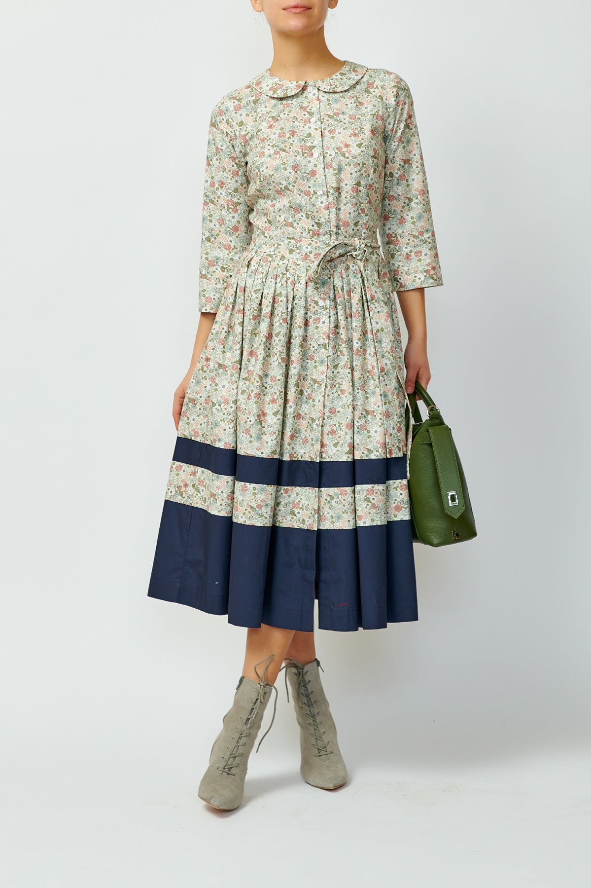 Rochie Camsa Midi cu Impriemu Floral, Bej-Gri