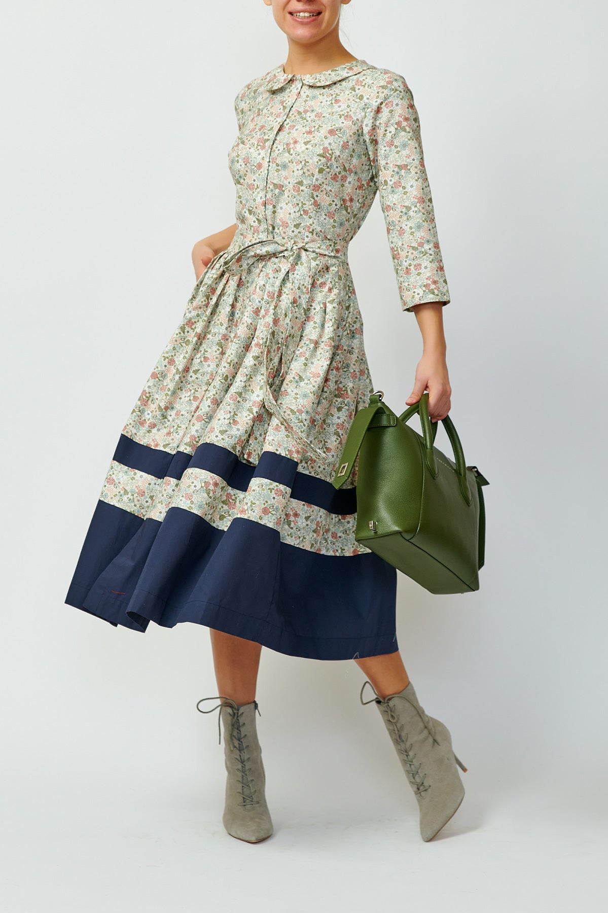 Rochie Camsa Midi cu Impriemu Floral, Bej-Gri