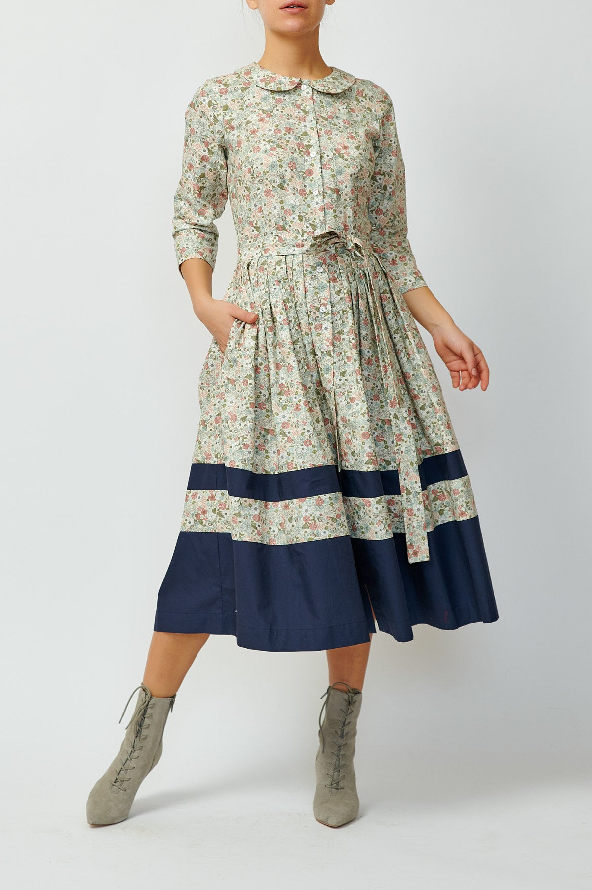 Rochie Camsa Midi cu Impriemu Floral, Bej-Gri