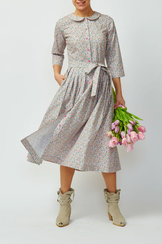 Shirt dress with small, pink and green flowers