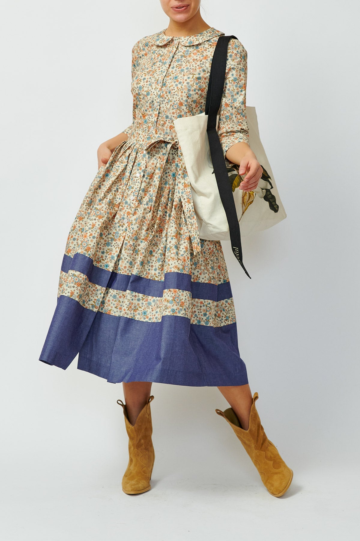 Rochie Camsa Midi cu Impriemu Floral, Bej-Bleumarin