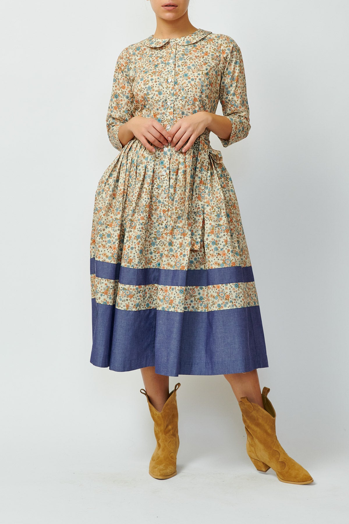 Rochie Camsa Midi cu Impriemu Floral, Bej-Bleumarin