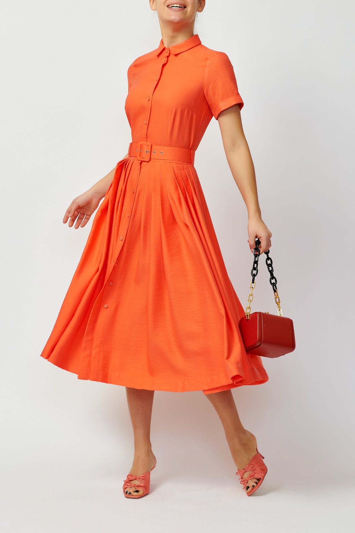 Viscose Midi Shirt Dress, Coral