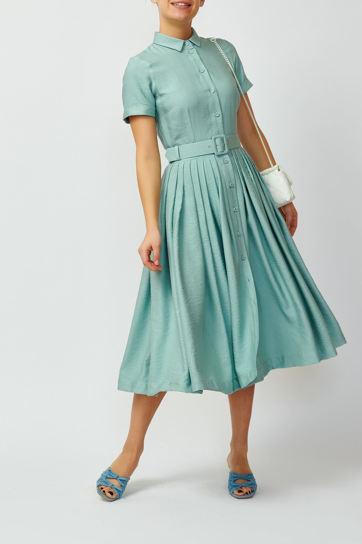 Rochie Camasa Midi din Viscoza, Bleu-Gri