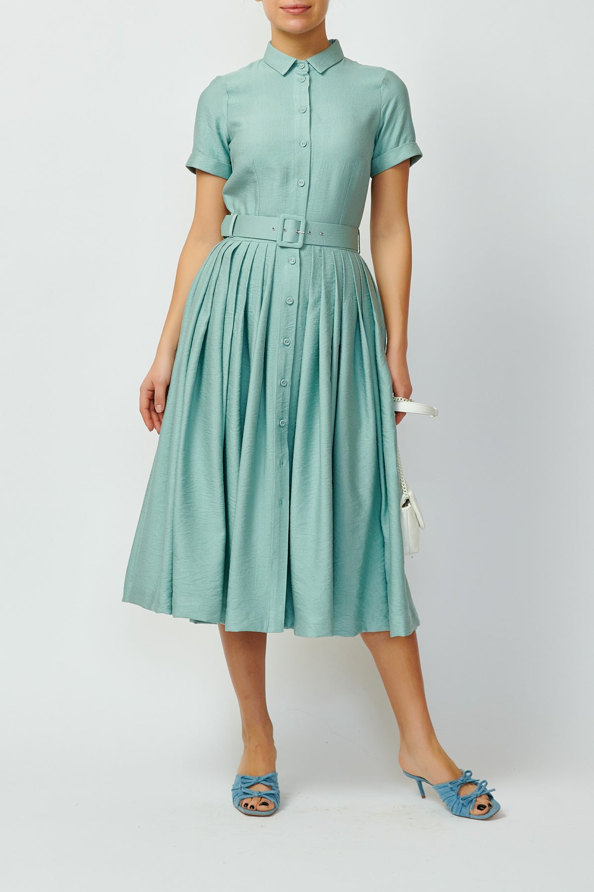 Rochie Camasa Midi din Viscoza, Bleu-Gri