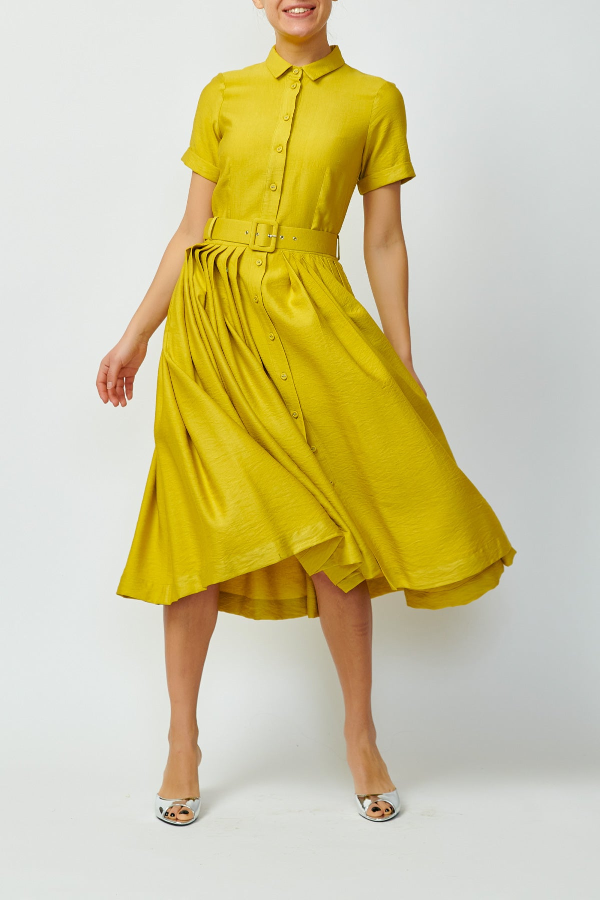 Viscose Midi Shirt Dress, Mustard Yellow