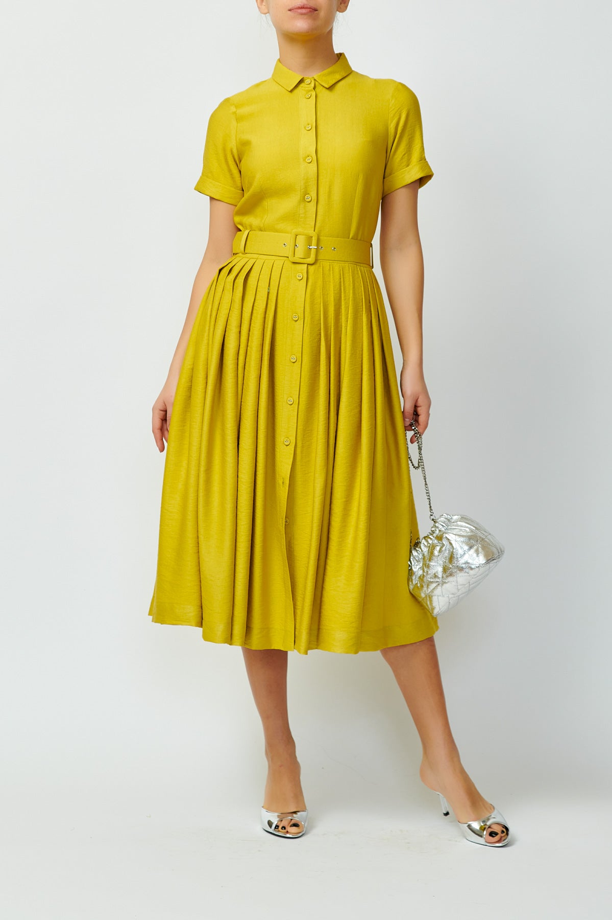 Viscose Midi Shirt Dress, Mustard Yellow