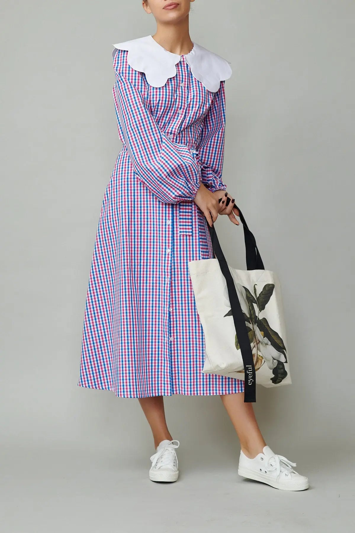 Rochie cu guler alb din poplin in carouri bleo cu roz 